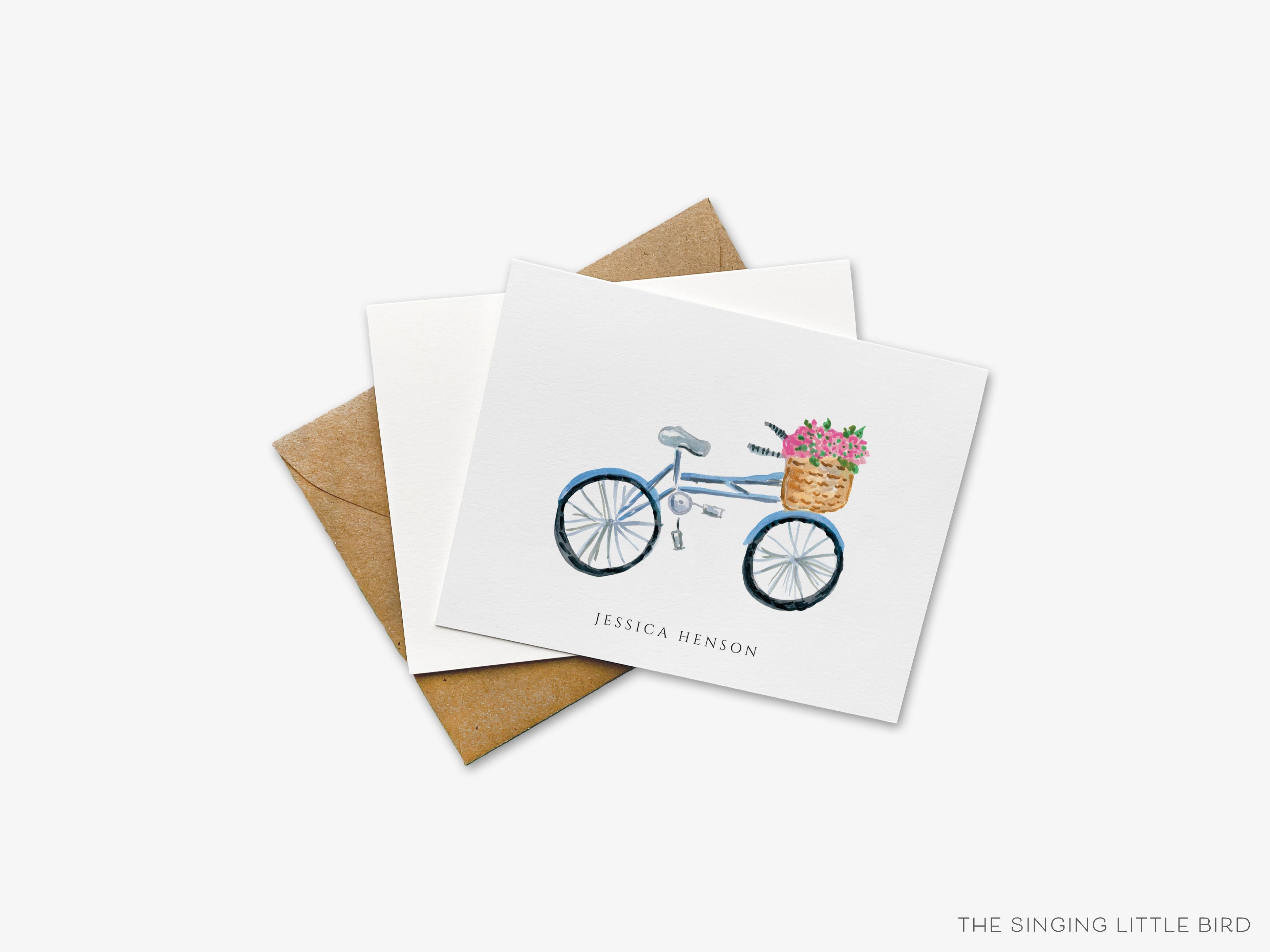 Personalized Bicycle Floral Greeting Cards-These folded greeting cards are 4.25x5.5 and feature our hand-painted bicycle with basket of flowers, printed in the USA on 100lb textured stock. They come with a White or Kraft envelope and make a great just because card for the floral lover in your life.-The Singing Little Bird