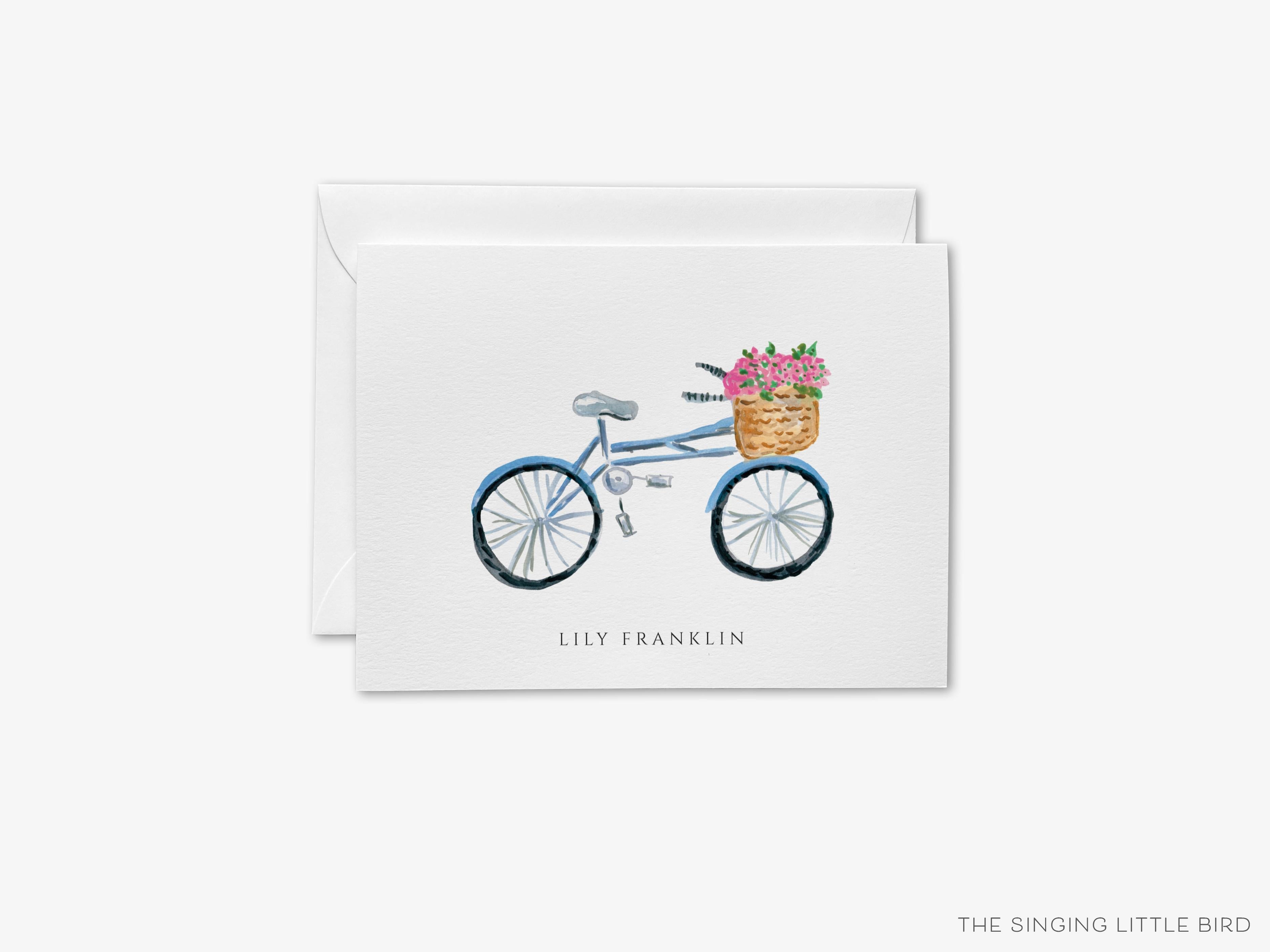 Personalized Bicycle Floral Greeting Cards-These folded greeting cards are 4.25x5.5 and feature our hand-painted bicycle with basket of flowers, printed in the USA on 100lb textured stock. They come with a White or Kraft envelope and make a great just because card for the floral lover in your life.-The Singing Little Bird