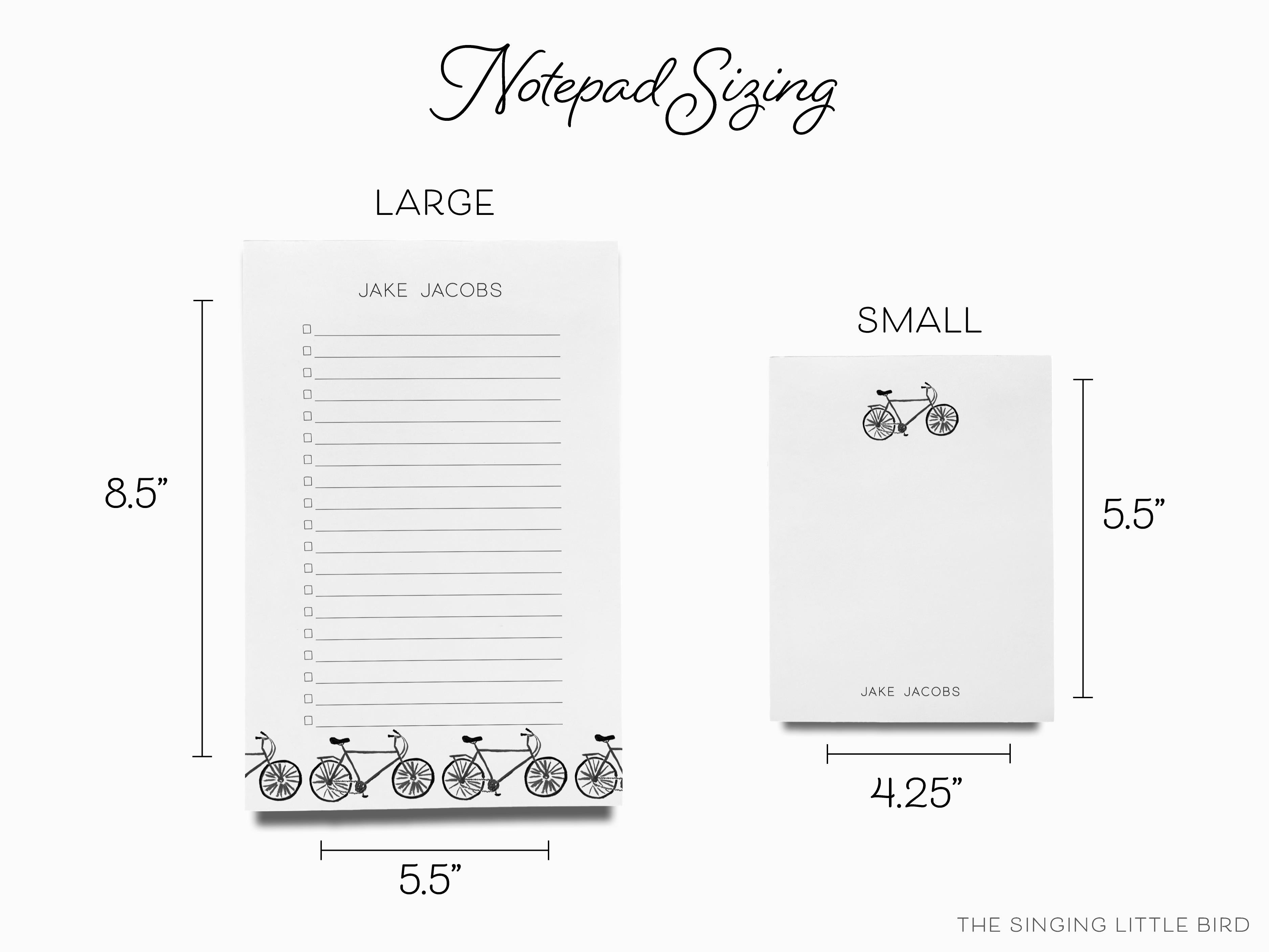 Personalized Bicycle Notepad-These personalized notepads feature our hand-painted watercolor bicycle, printed in the USA on a beautiful smooth stock. You choose which size you want (or bundled together for a beautiful gift set) and makes a great gift for the checklist and bike lover in your life.-The Singing Little Bird