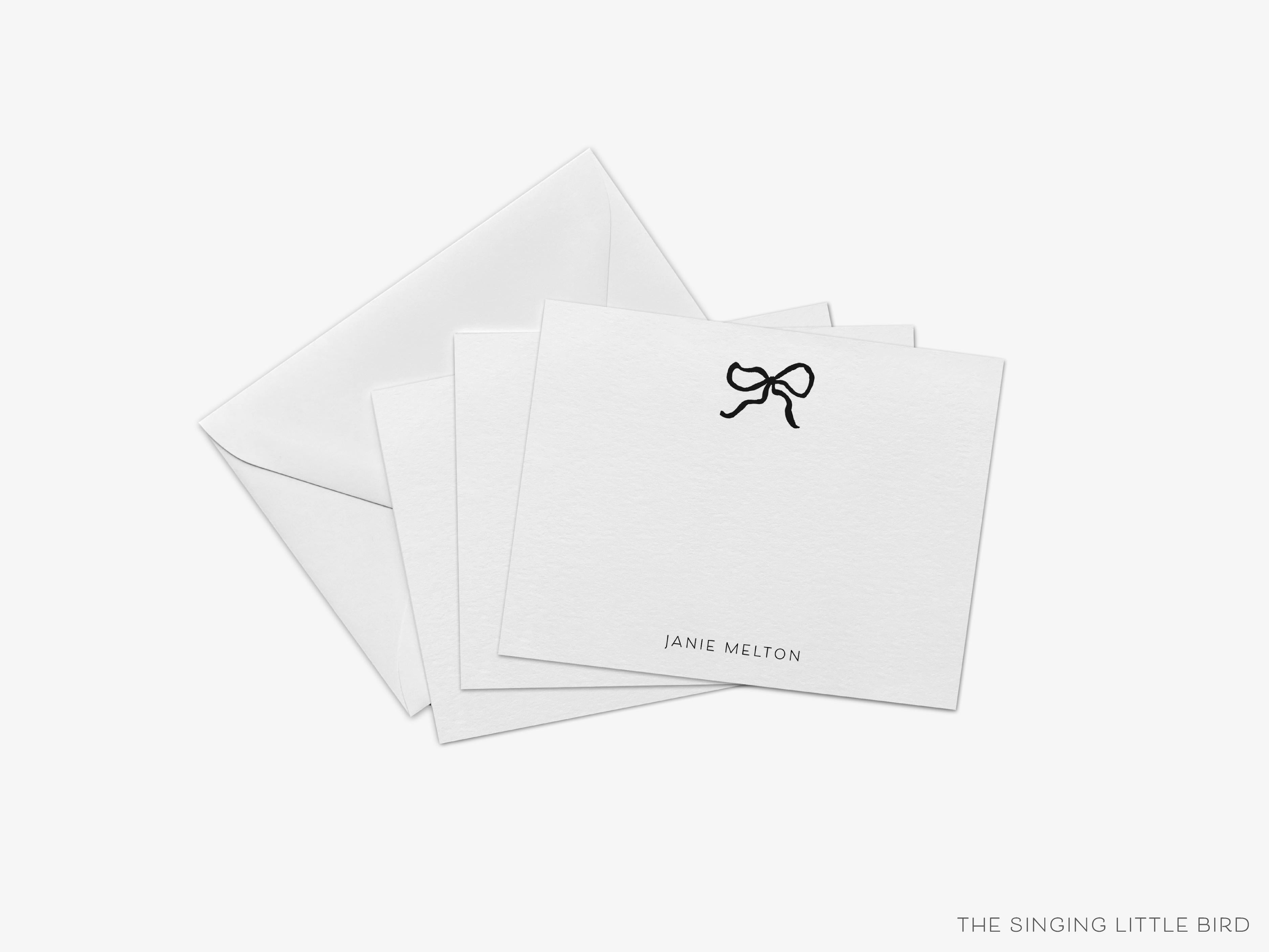 Personalized Black Bow Flat Notes-These personalized flat notecards are 4.25x5.5 and feature our hand-painted watercolor Black Bow, printed in the USA on 120lb textured stock. They come with your choice of envelopes and make great thank yous and gifts for the bow lover in your life.-The Singing Little Bird