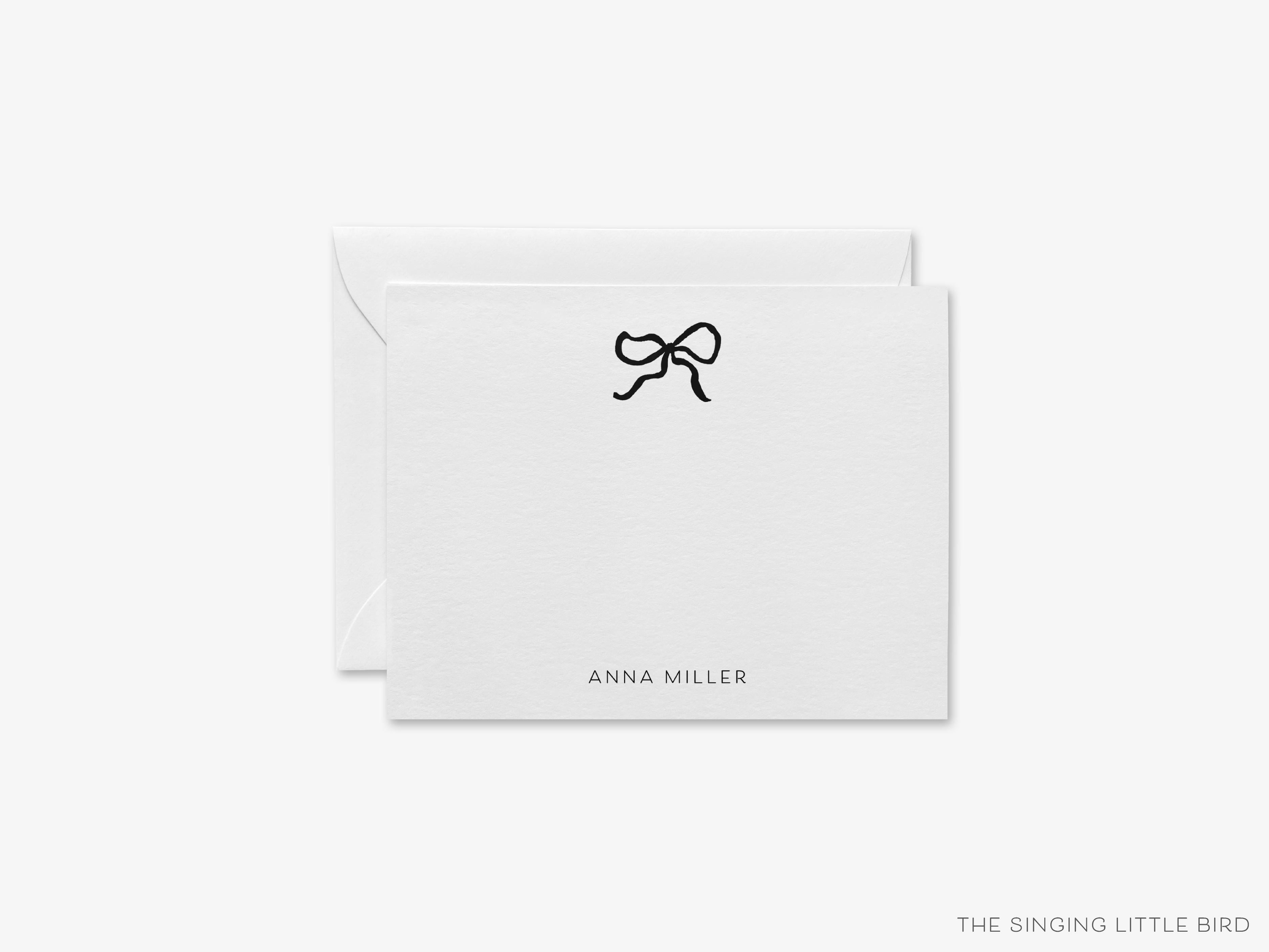 Personalized Black Bow Flat Notes-These personalized flat notecards are 4.25x5.5 and feature our hand-painted watercolor Black Bow, printed in the USA on 120lb textured stock. They come with your choice of envelopes and make great thank yous and gifts for the bow lover in your life.-The Singing Little Bird