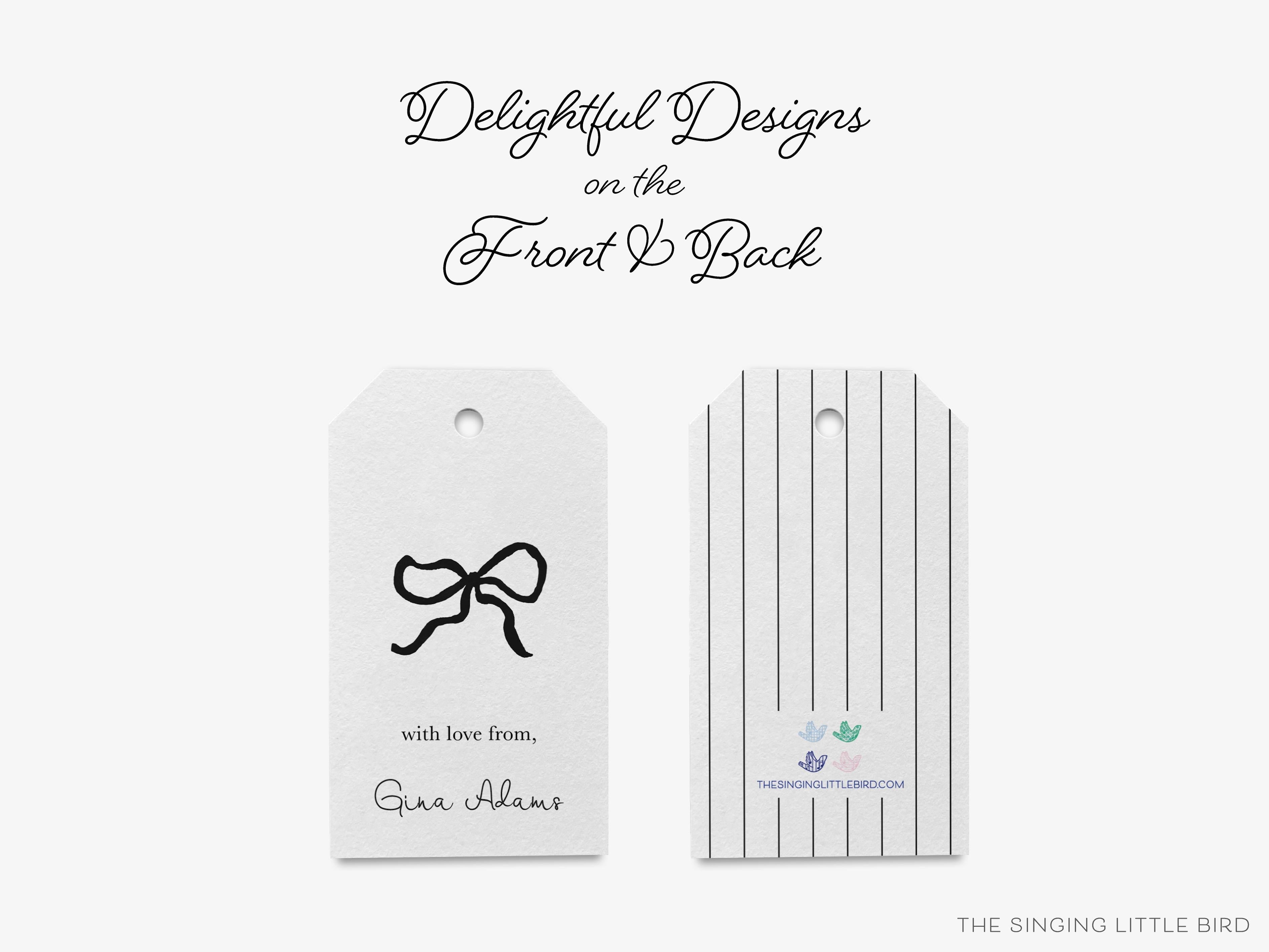 Personalized Black Bow Gift Tags-These gift tags come in sets, hole-punched with white twine and feature our hand-painted watercolor black bow, printed in the USA on 120lb textured stock. They make great tags for gifting or gifts for the black and white chic lover in your life.-The Singing Little Bird