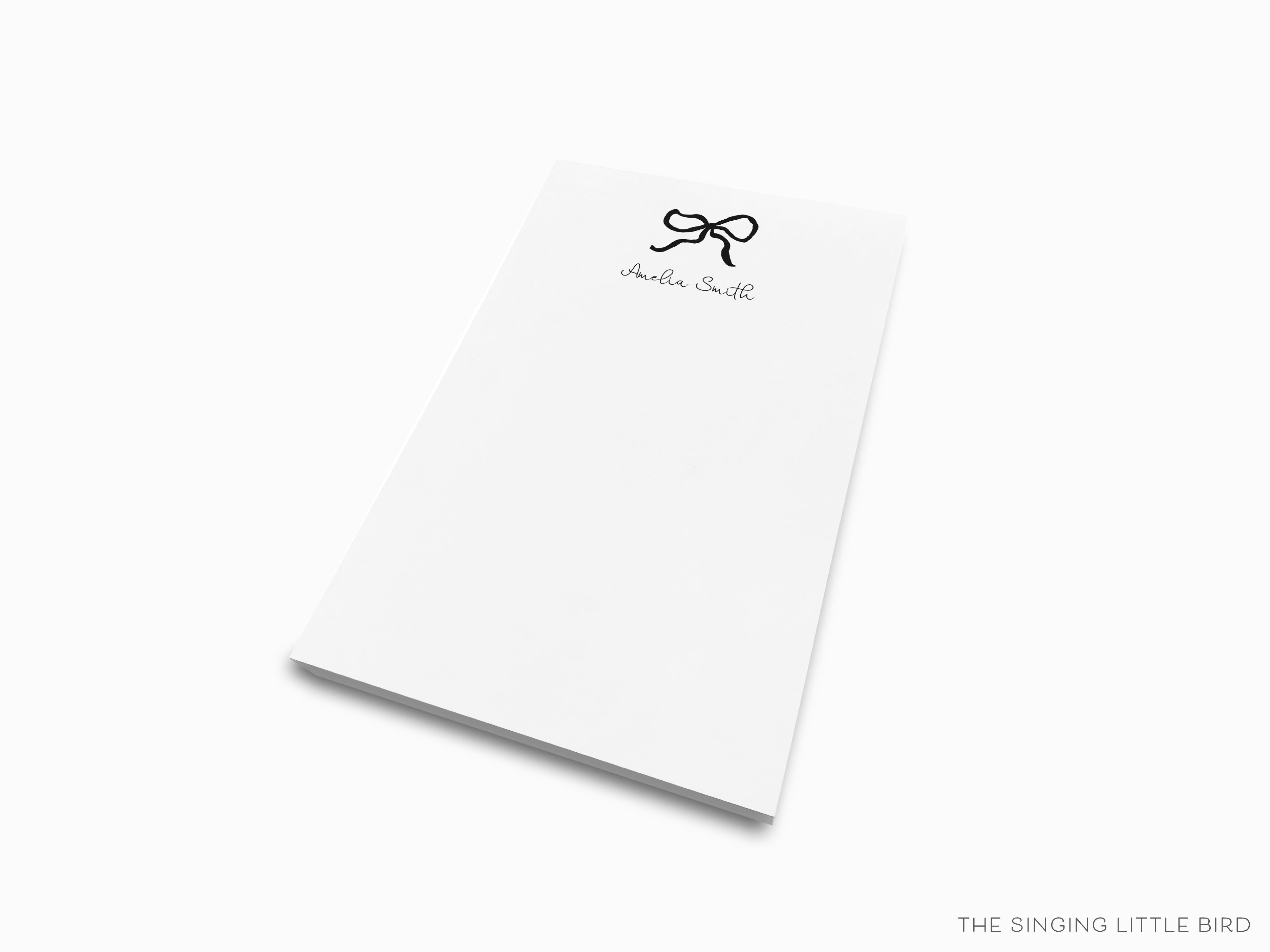 Personalized Black Bow Notepad-These personalized notepads feature our hand-painted watercolor bow, printed in the USA on a beautiful smooth stock. You choose which size you want (or bundled together for a beautiful gift set) and makes a great gift for the checklist and feminine bow lover in your life.-The Singing Little Bird