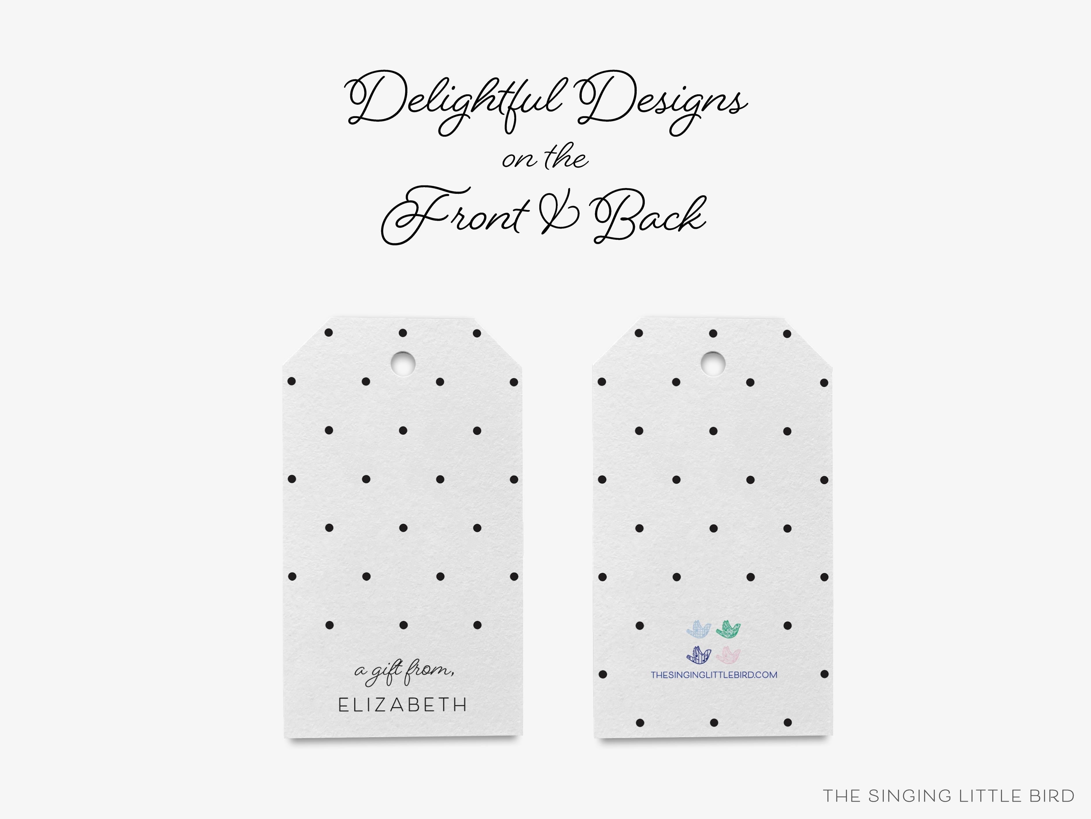 Personalized Black Polka Dot Gift Tags-These gift tags come in sets, hole-punched with white twine and feature our hand-painted watercolor black polka dots, printed in the USA on 120lb textured stock. They make great tags for gifting or gifts for the black and white chic lover in your life.-The Singing Little Bird