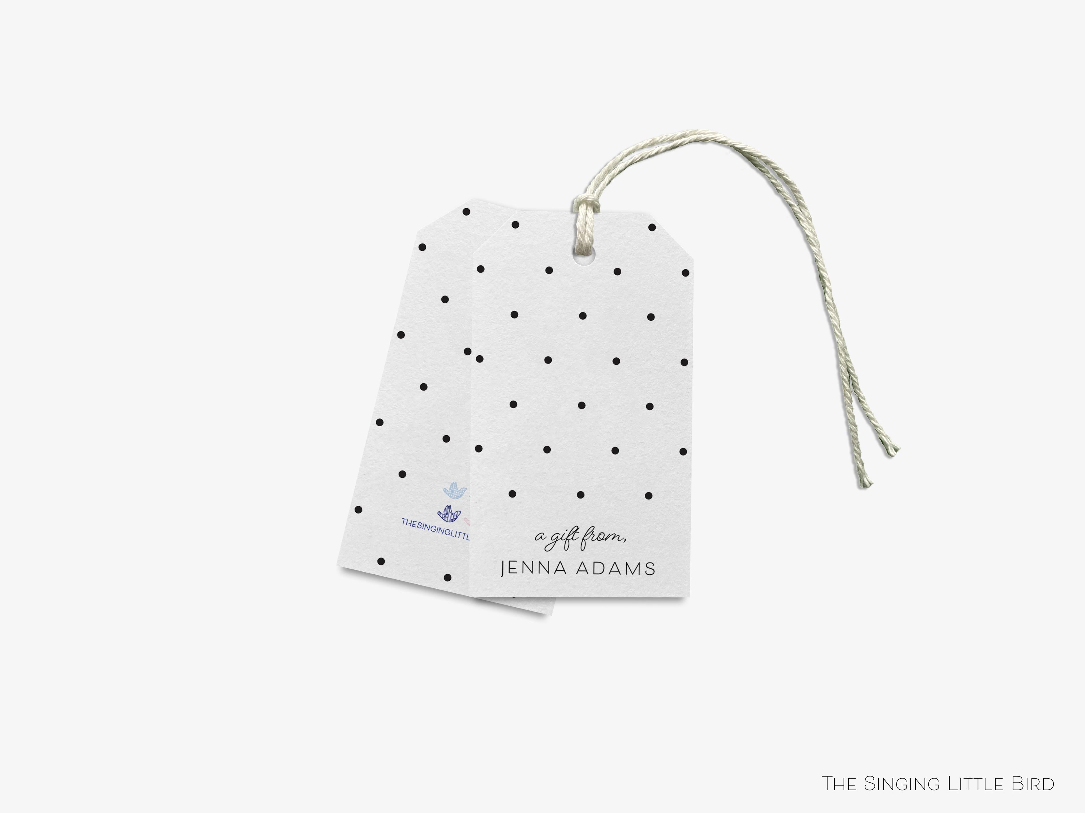 Personalized Black Polka Dot Gift Tags-These gift tags come in sets, hole-punched with white twine and feature our hand-painted watercolor black polka dots, printed in the USA on 120lb textured stock. They make great tags for gifting or gifts for the black and white chic lover in your life.-The Singing Little Bird