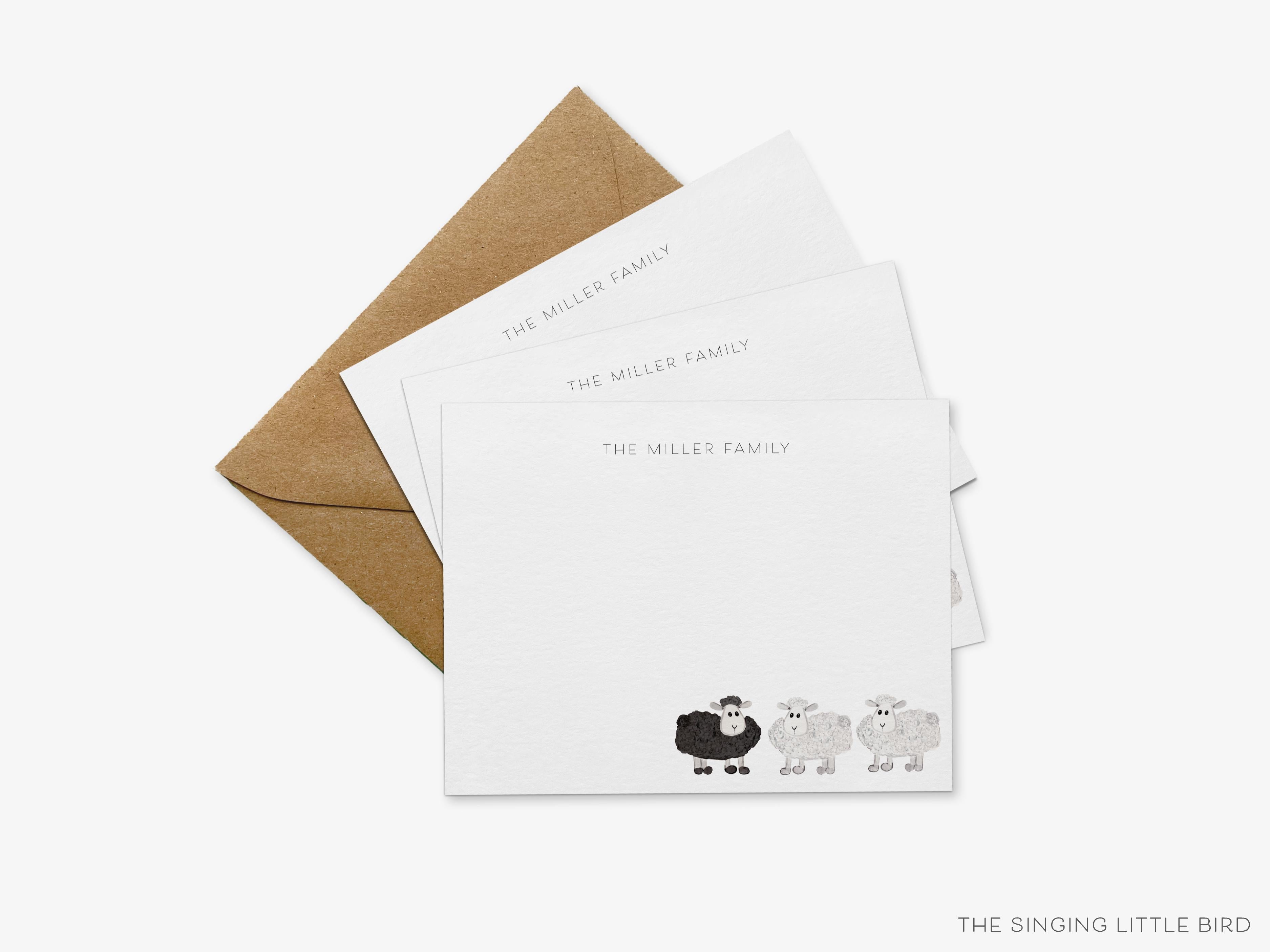 Personalized Black Sheep Flat Notes-These personalized flat notecards are 4.25x5.5 and feature our hand-painted watercolor sheep, printed in the USA on 120lb textured stock. They come with your choice of envelopes and make great thank yous and gifts for the farm animal lover in your life.-The Singing Little Bird