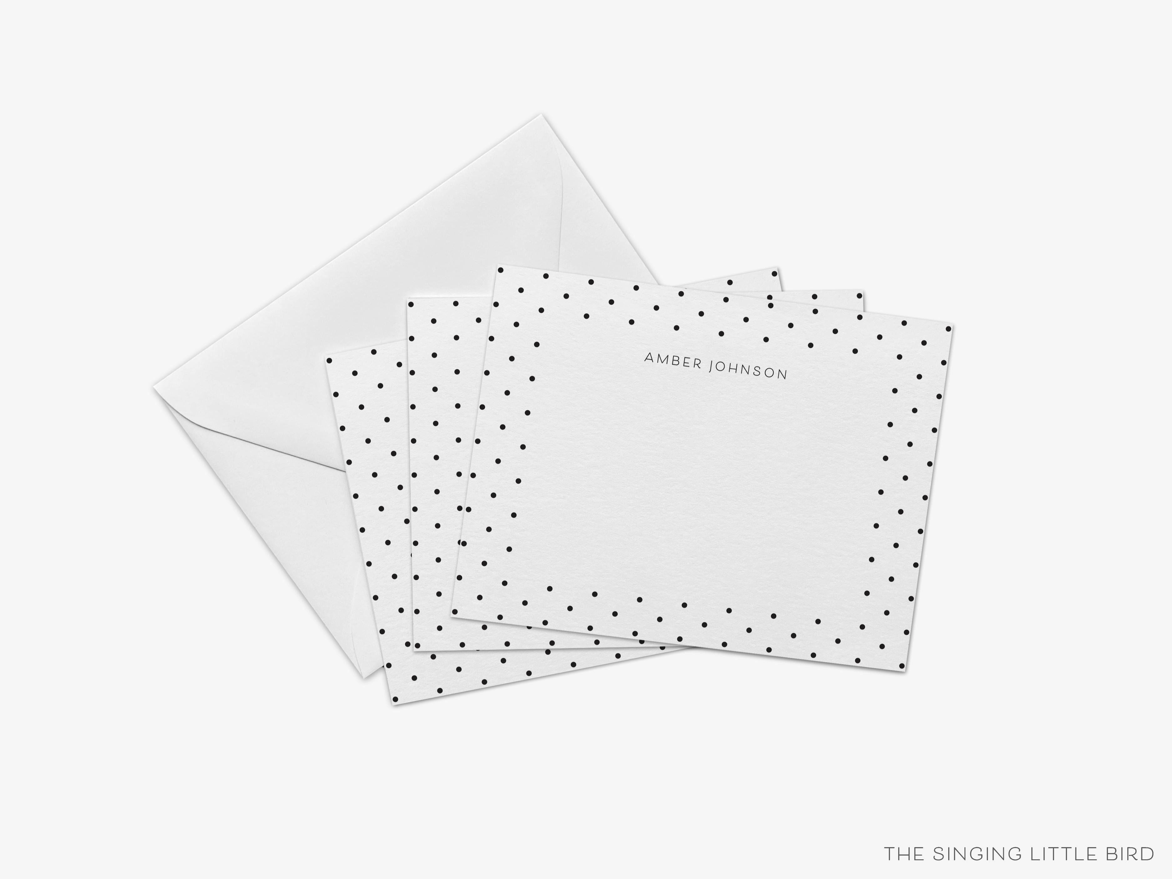 Personalized Black and White Polka Dot Flat Notes-These personalized flat notecards are 4.25x5.5 and feature our hand-painted watercolor polka dots, printed in the USA on 120lb textured stock. They come with your choice of envelopes and make great thank yous and gifts for the chic lover in your life.-The Singing Little Bird