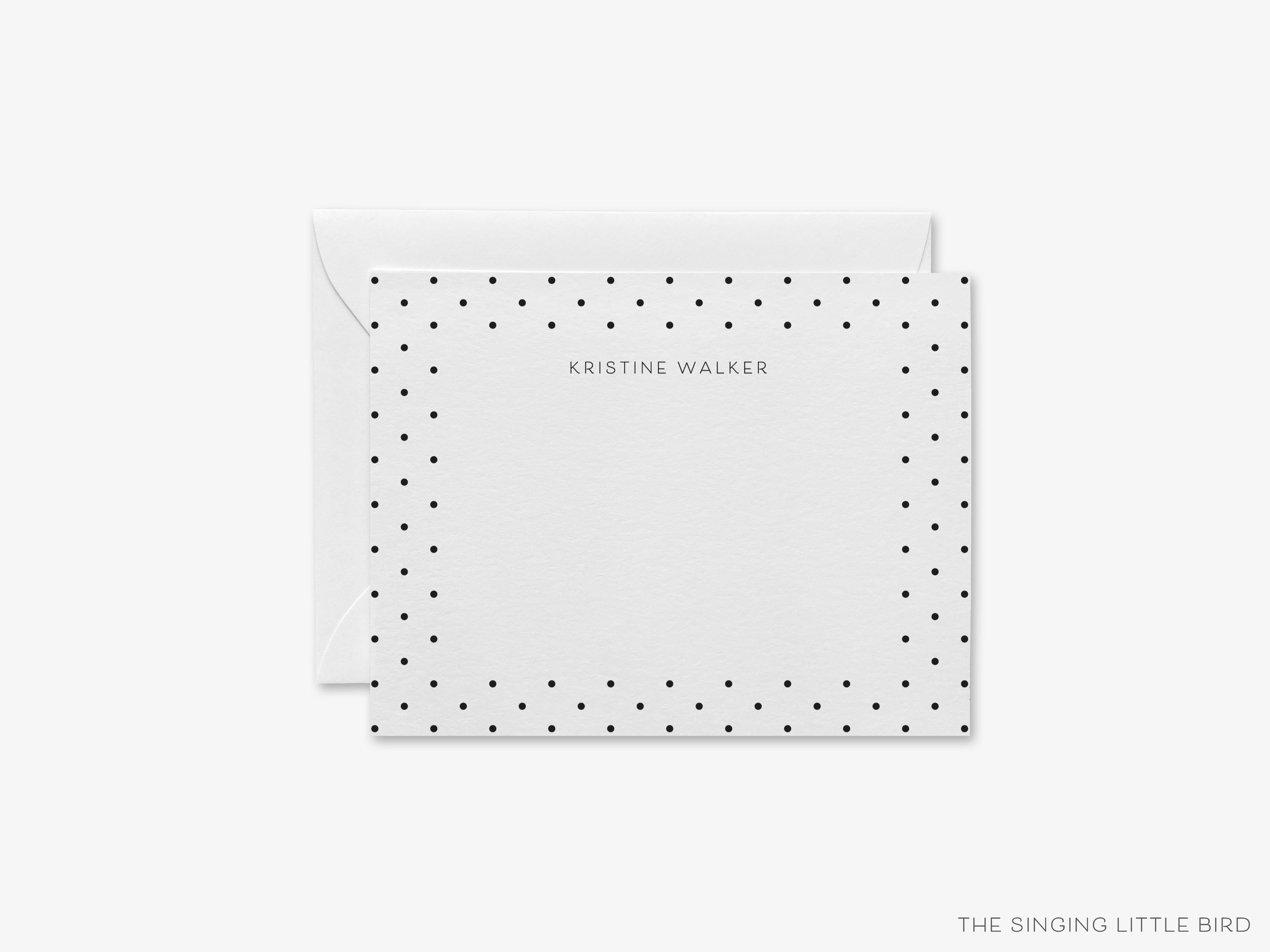 Personalized Black and White Polka Dot Flat Notes-These personalized flat notecards are 4.25x5.5 and feature our hand-painted watercolor polka dots, printed in the USA on 120lb textured stock. They come with your choice of envelopes and make great thank yous and gifts for the chic lover in your life.-The Singing Little Bird