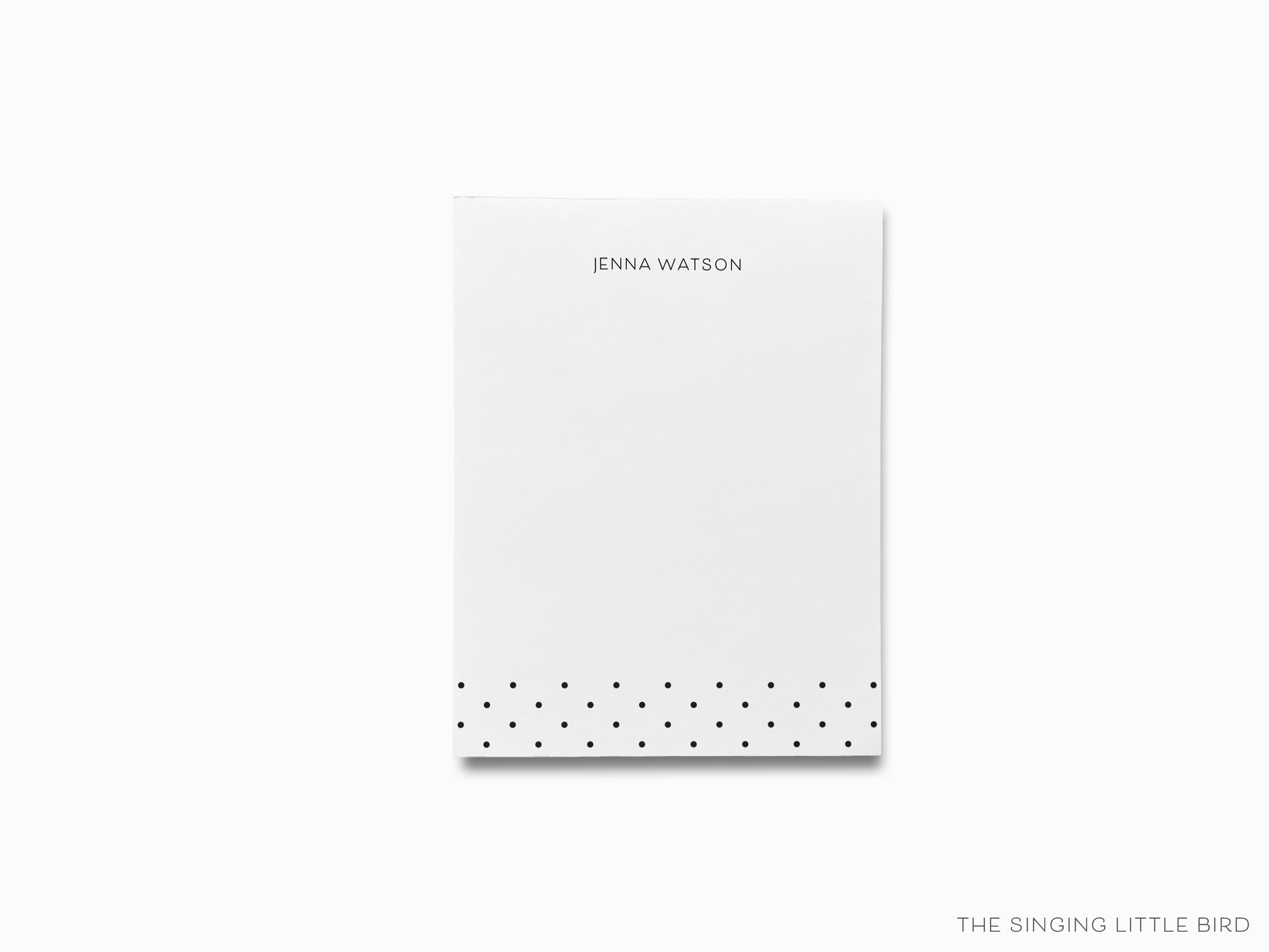 Personalized Black and White Polka Dot Notepad-These personalized notepads feature our hand-painted watercolor polka dots, printed in the USA on a beautiful smooth stock. You choose which size you want (or bundled together for a beautiful gift set) and makes a great gift for the checklist and black and white chic lover in your life.-The Singing Little Bird
