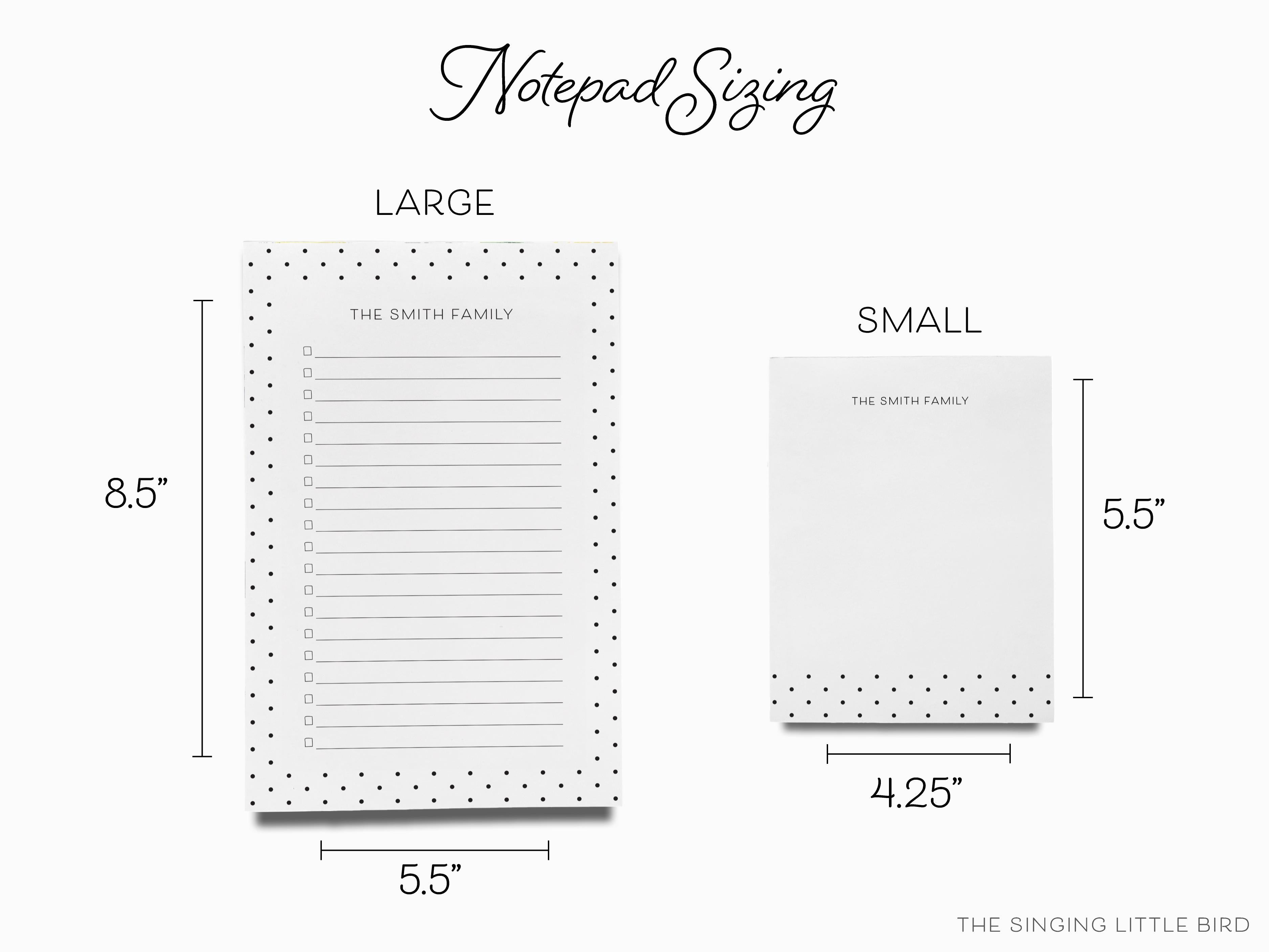 Personalized Black and White Polka Dot Notepad-These personalized notepads feature our hand-painted watercolor polka dots, printed in the USA on a beautiful smooth stock. You choose which size you want (or bundled together for a beautiful gift set) and makes a great gift for the checklist and black and white chic lover in your life.-The Singing Little Bird