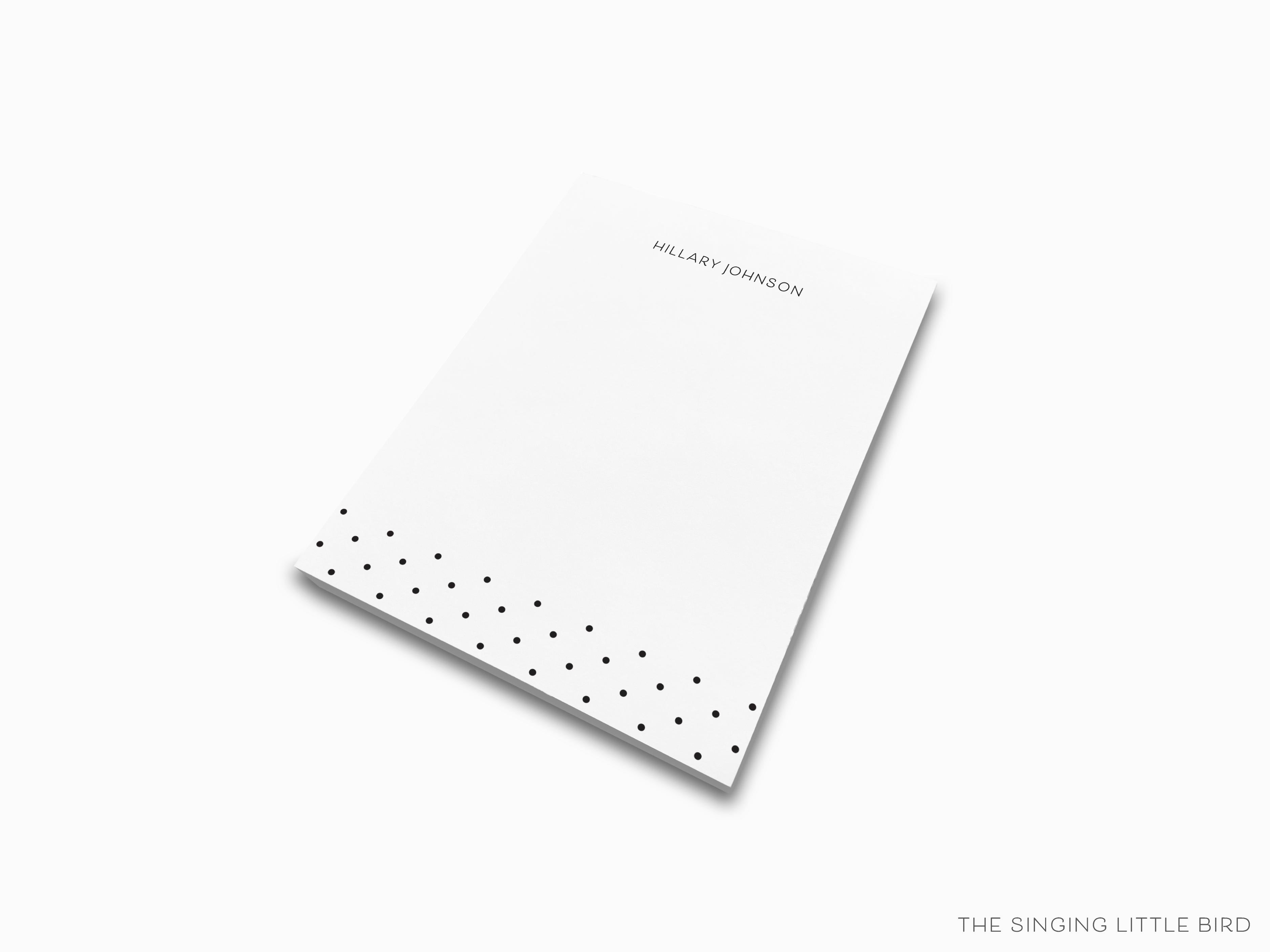 Personalized Black and White Polka Dot Notepad-These personalized notepads feature our hand-painted watercolor polka dots, printed in the USA on a beautiful smooth stock. You choose which size you want (or bundled together for a beautiful gift set) and makes a great gift for the checklist and black and white chic lover in your life.-The Singing Little Bird