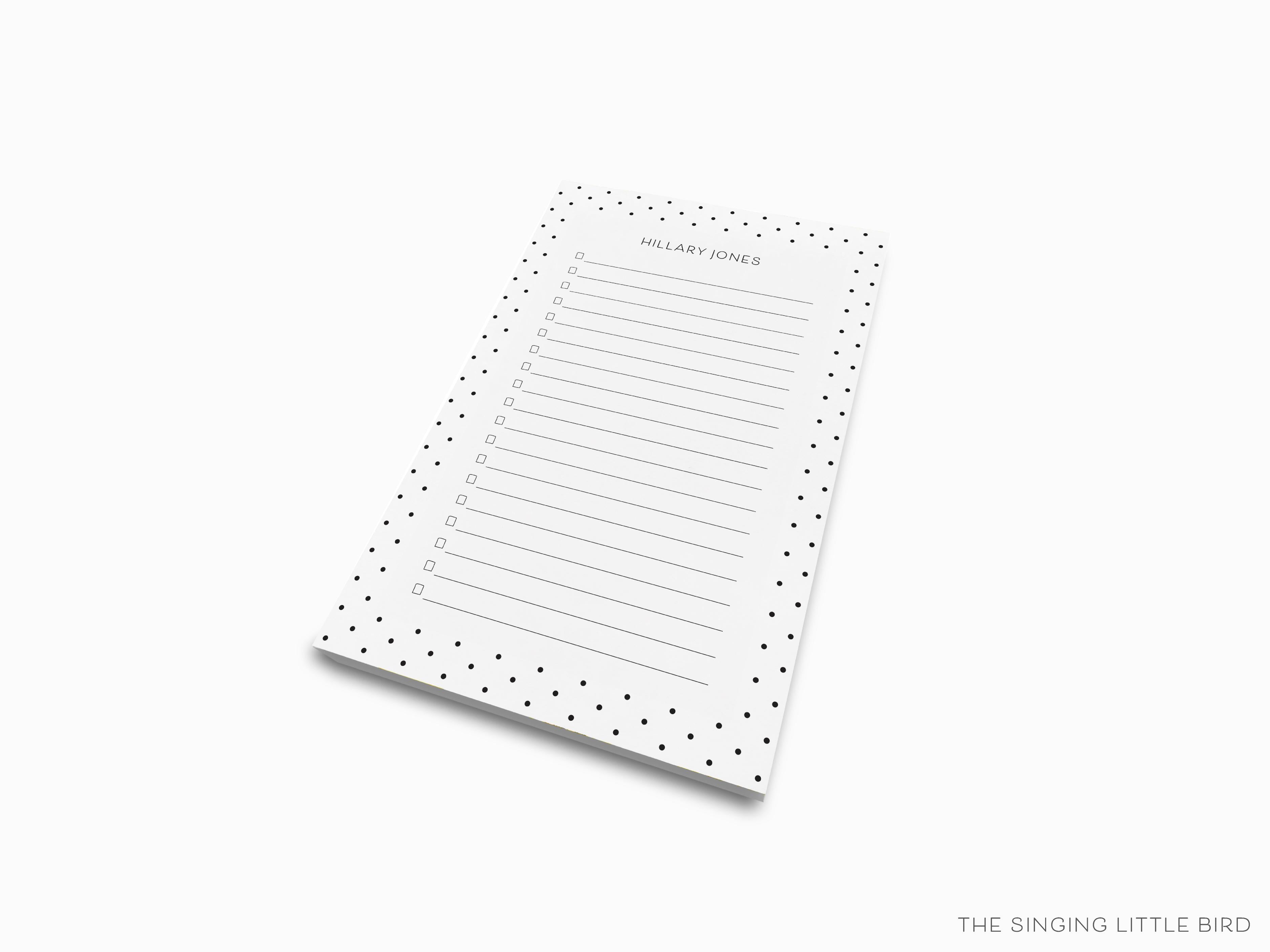 Personalized Black and White Polka Dot Notepad-These personalized notepads feature our hand-painted watercolor polka dots, printed in the USA on a beautiful smooth stock. You choose which size you want (or bundled together for a beautiful gift set) and makes a great gift for the checklist and black and white chic lover in your life.-The Singing Little Bird