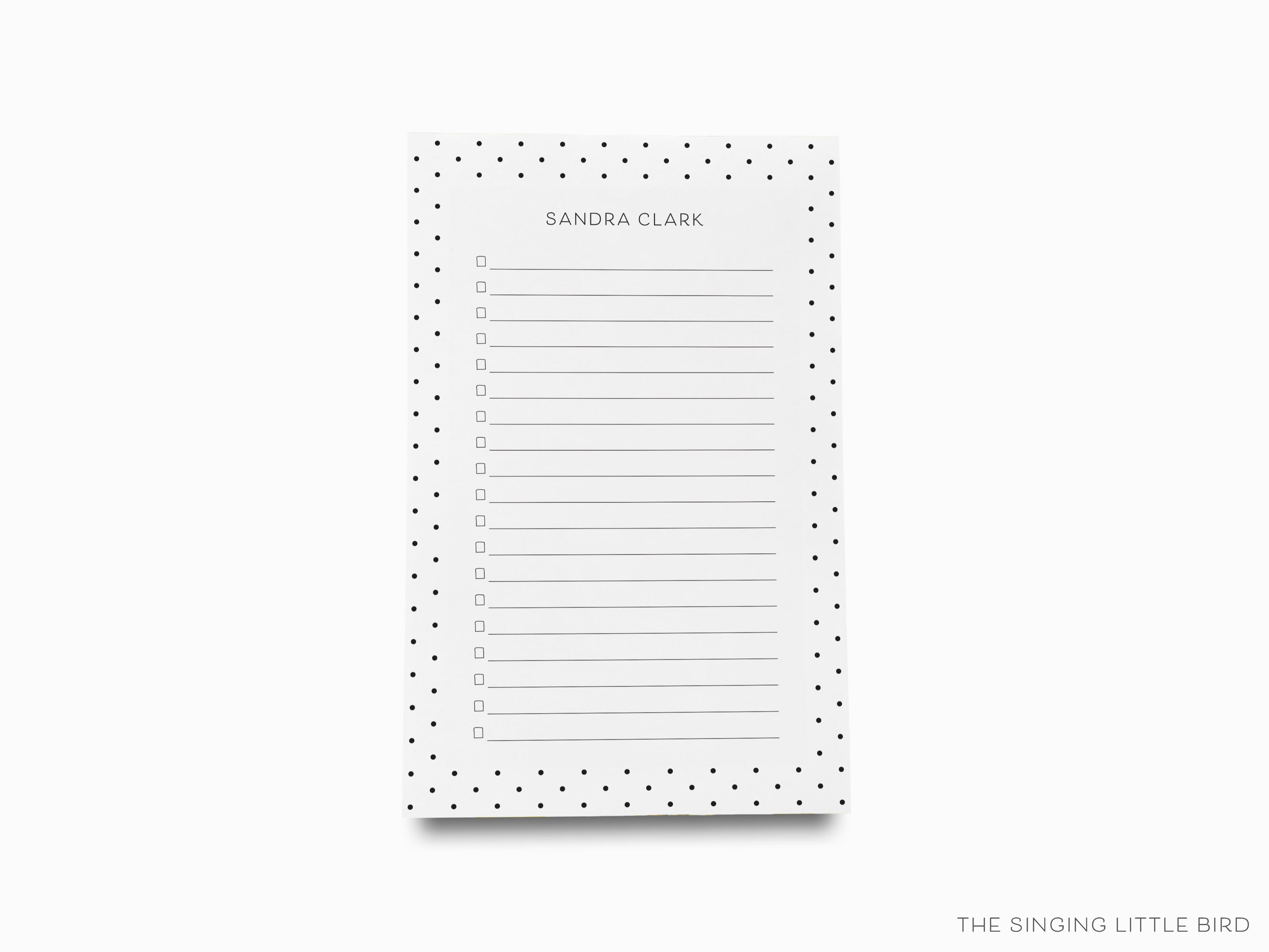 Personalized Black and White Polka Dot Notepad-These personalized notepads feature our hand-painted watercolor polka dots, printed in the USA on a beautiful smooth stock. You choose which size you want (or bundled together for a beautiful gift set) and makes a great gift for the checklist and black and white chic lover in your life.-The Singing Little Bird