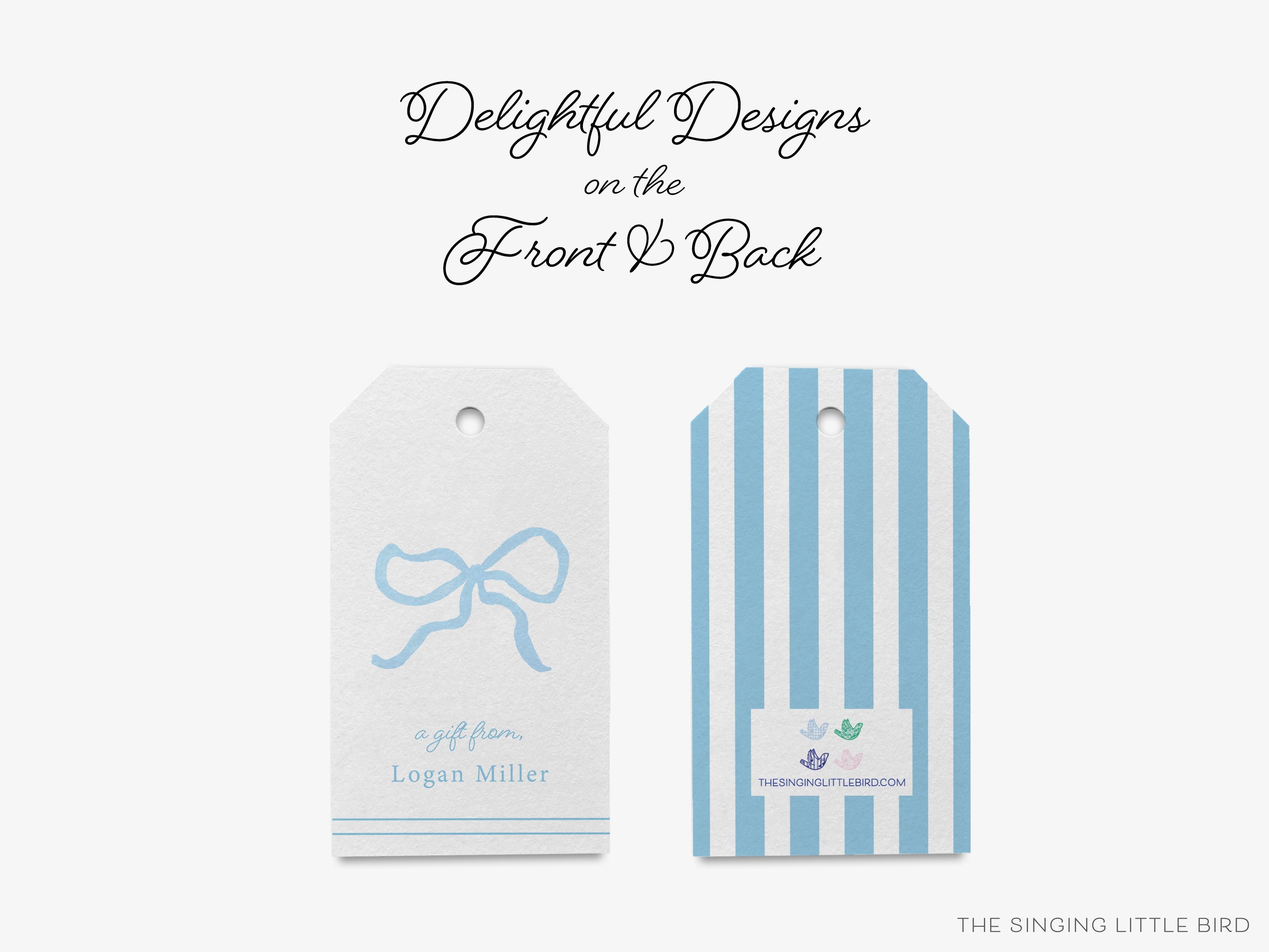 Personalized Blue Bow Gift Tags-These gift tags come in sets, hole-punched with white twine and feature our hand-painted watercolor blue bow, printed in the USA on 120lb textured stock. They make great tags for gifting or gifts for the bow lover in your life.-The Singing Little Bird