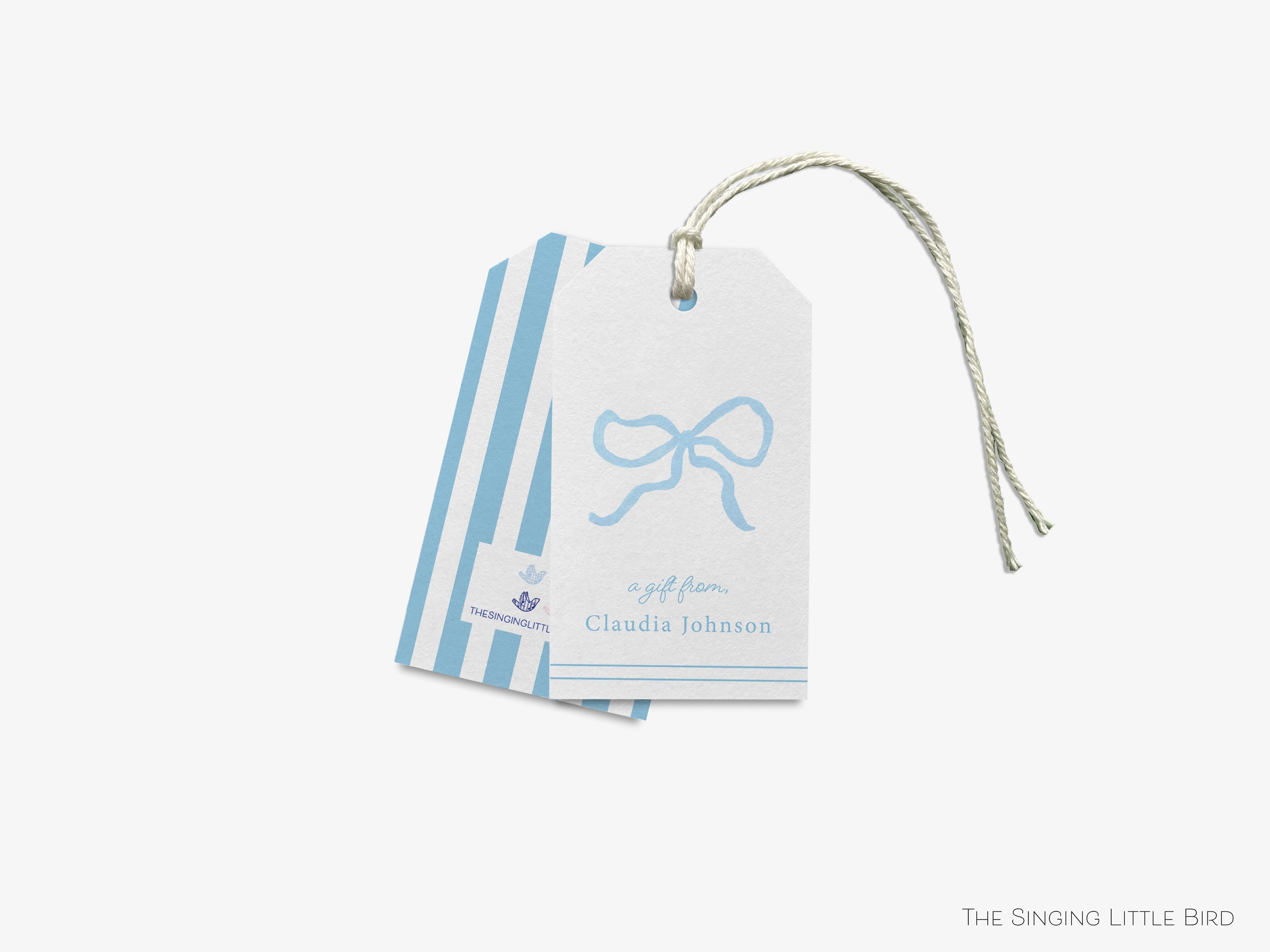 Personalized Blue Bow Gift Tags-These gift tags come in sets, hole-punched with white twine and feature our hand-painted watercolor blue bow, printed in the USA on 120lb textured stock. They make great tags for gifting or gifts for the bow lover in your life.-The Singing Little Bird