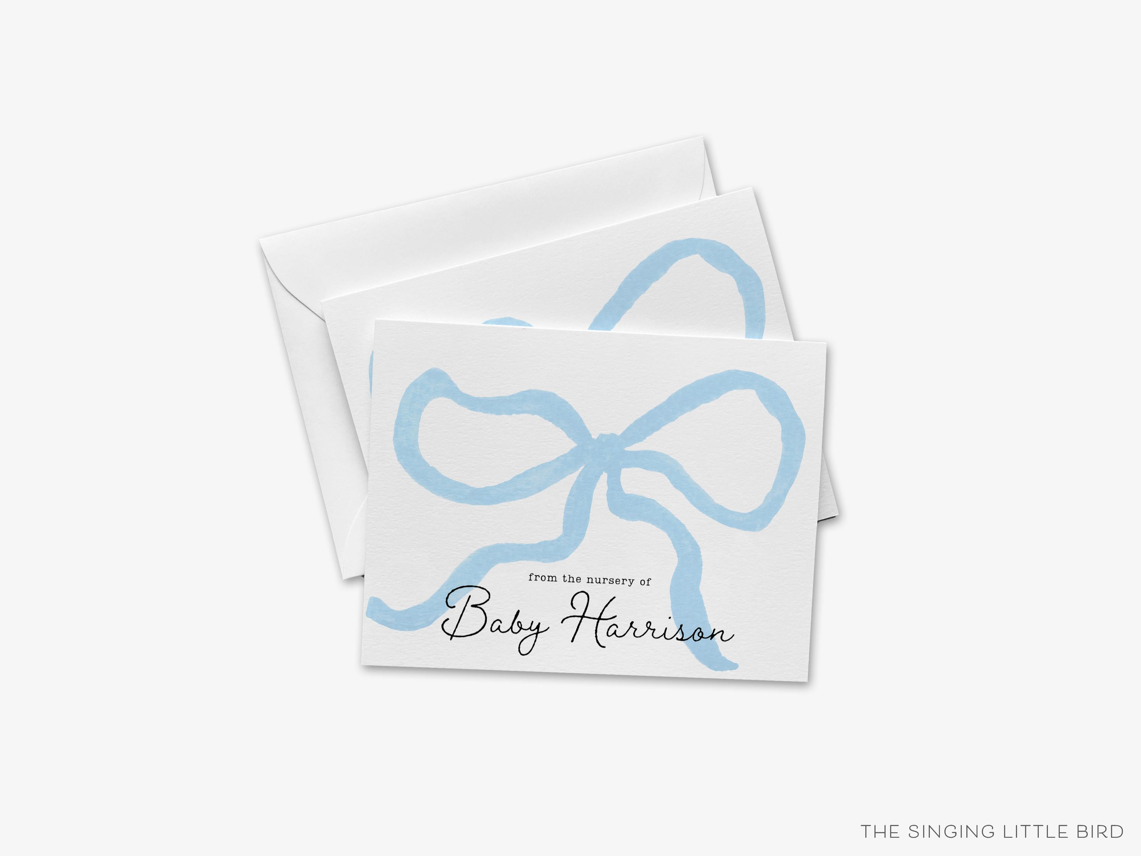 Personalized Blue Bow Greeting Cards-These folded greeting cards are 4.25x5.5 and feature our hand-painted blue bow, printed in the USA on 100lb textured stock. They come with a White or Kraft envelope and make a great thank you card for the bow lover in your life.-The Singing Little Bird