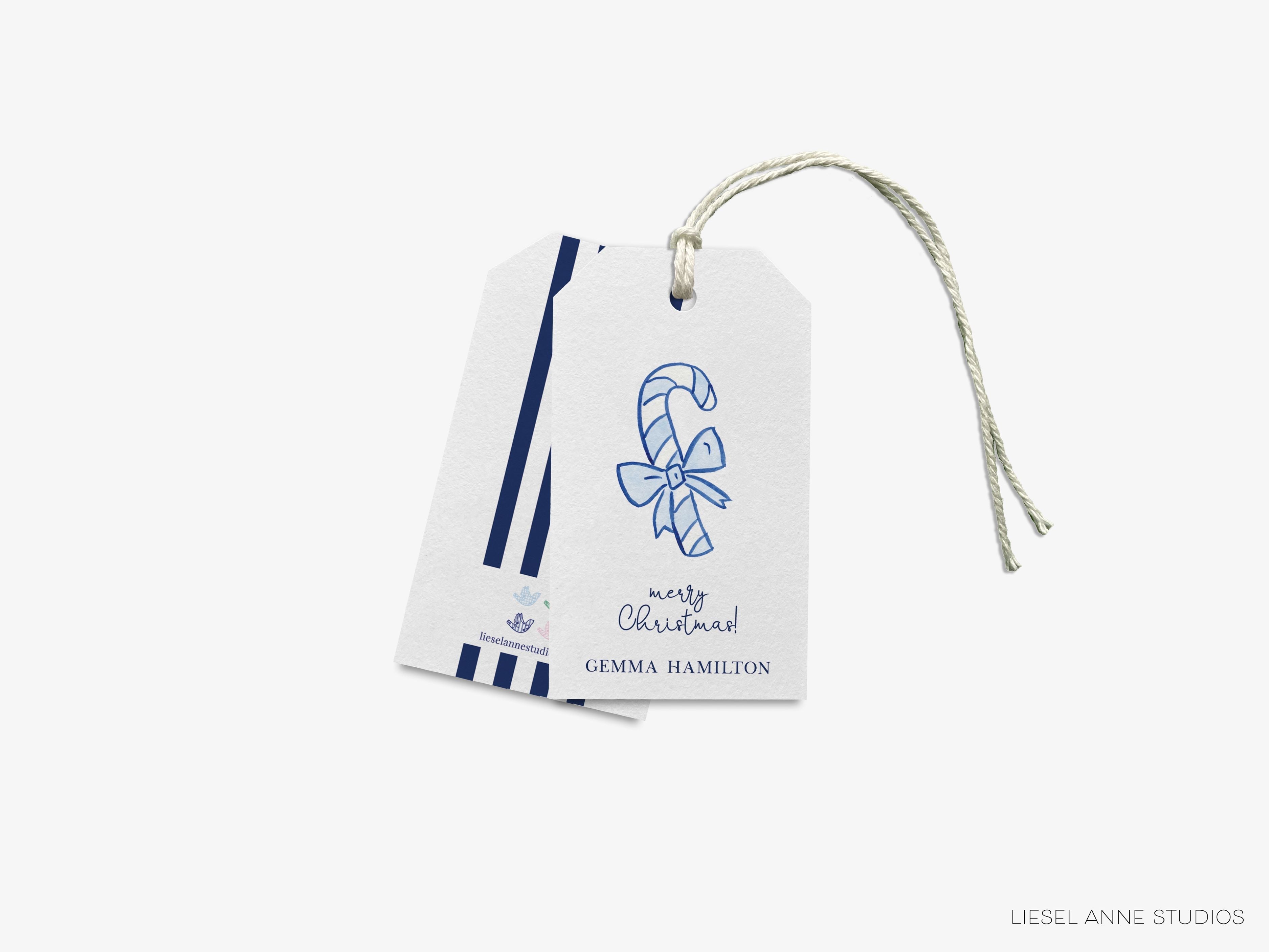 Personalized Blue Candy Cane Gift Tags-These gift tags come in sets, hole-punched with white twine and feature our hand-painted watercolor candy cane, printed in the USA on 120lb textured stock. They make great tags for gifting or gifts for the holiday lover in your life.-The Singing Little Bird