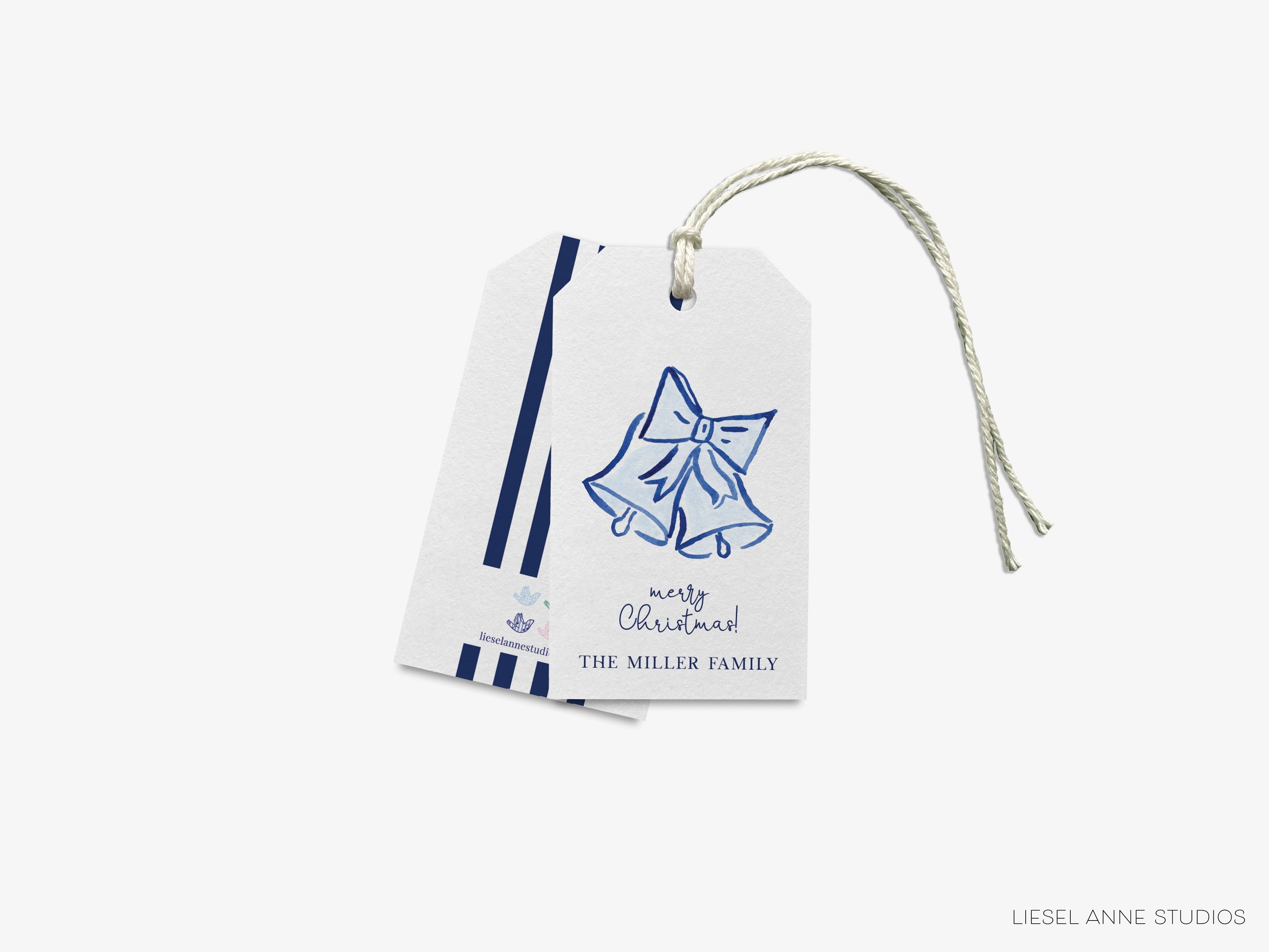Personalized Blue Christmas Bells Gift Tags-These gift tags come in sets, hole-punched with white twine and feature our hand-painted watercolor bells, printed in the USA on 120lb textured stock. They make great tags for gifting or gifts for the holiday lover in your life.-The Singing Little Bird