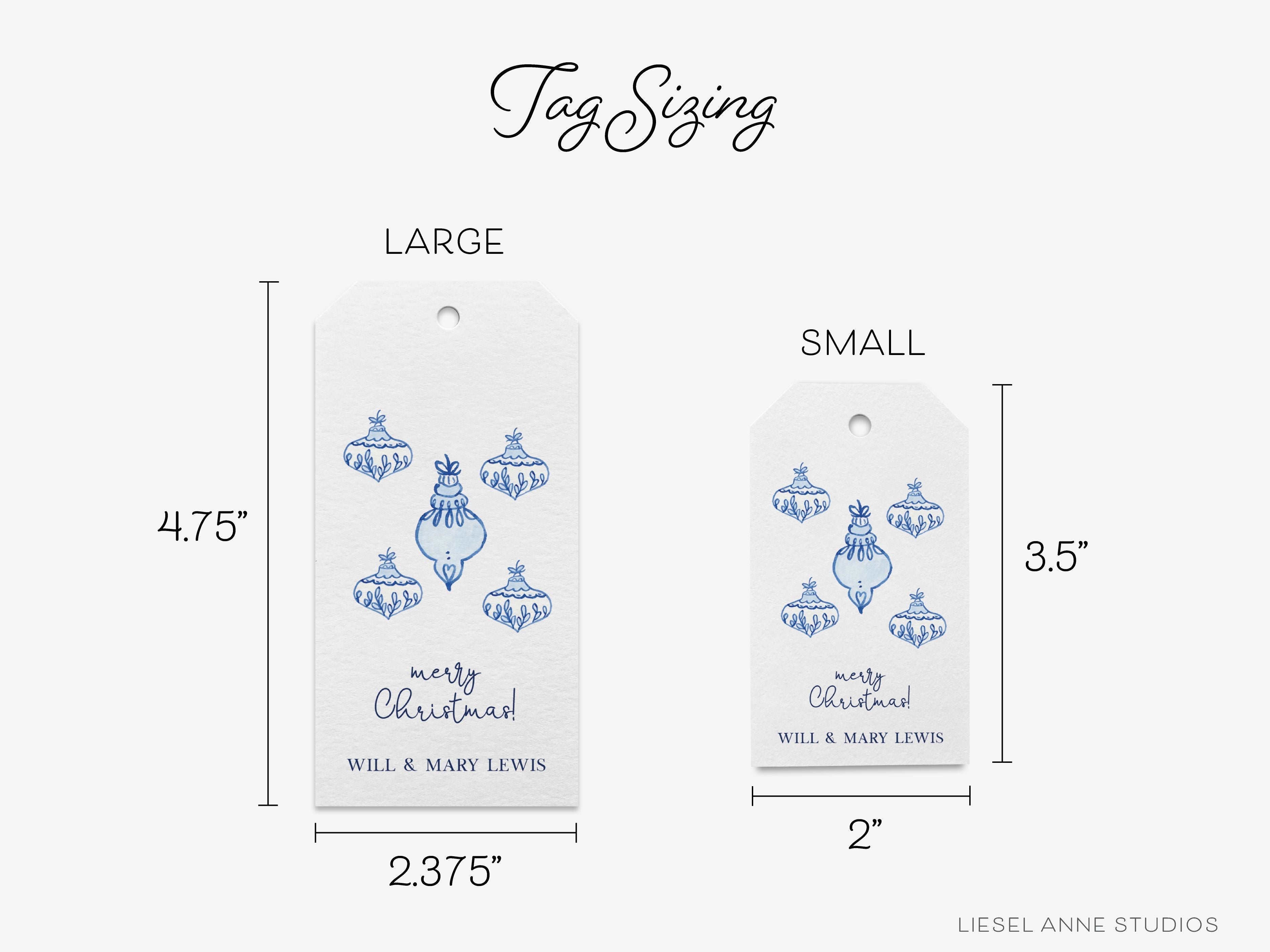 Personalized Blue Christmas Ornament Gift Tags-These gift tags come in sets, hole-punched with white twine and feature our hand-painted watercolor Christmas Ornaments printed in the USA on 120lb textured stock. They make great tags for gifting or gifts for the holiday lover in your life.-The Singing Little Bird