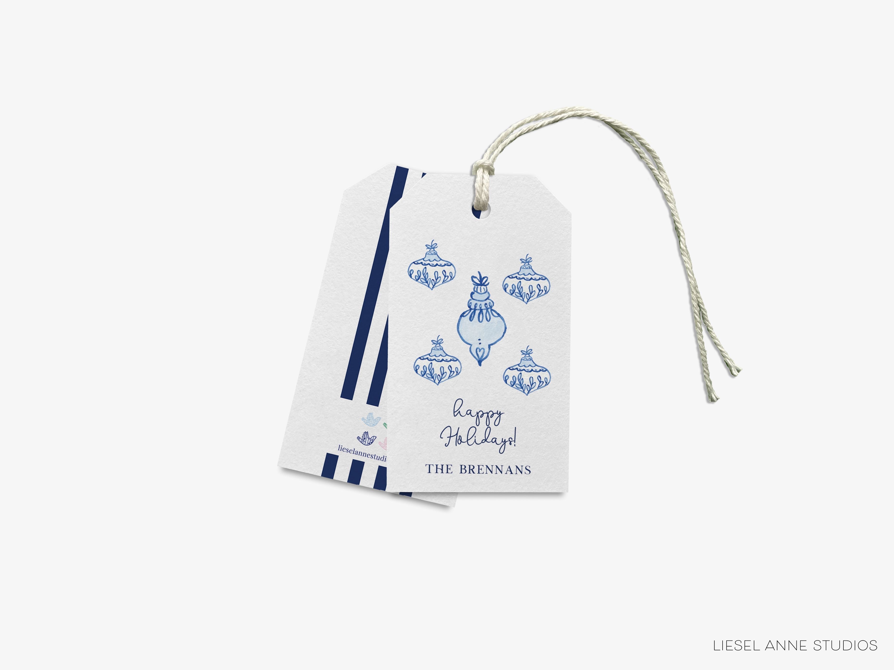 Personalized Blue Christmas Ornament Gift Tags-These gift tags come in sets, hole-punched with white twine and feature our hand-painted watercolor Christmas Ornaments printed in the USA on 120lb textured stock. They make great tags for gifting or gifts for the holiday lover in your life.-The Singing Little Bird