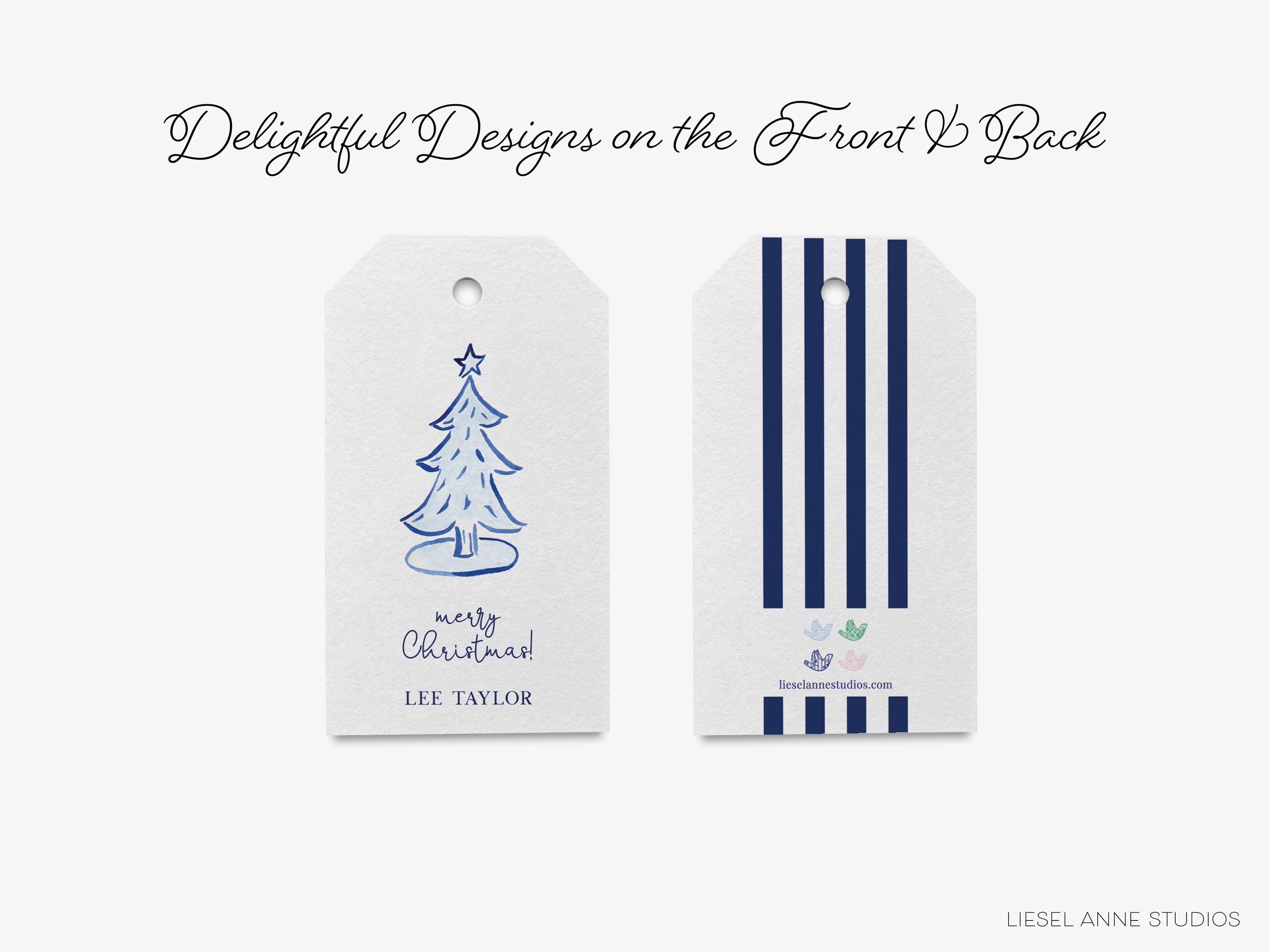 Personalized Blue Christmas Tree Gift Tags-These gift tags come in sets, hole-punched with white twine and feature our hand-painted watercolor Christmas Tree printed in the USA on 120lb textured stock. They make great tags for gifting or gifts for the holiday lover in your life.-The Singing Little Bird