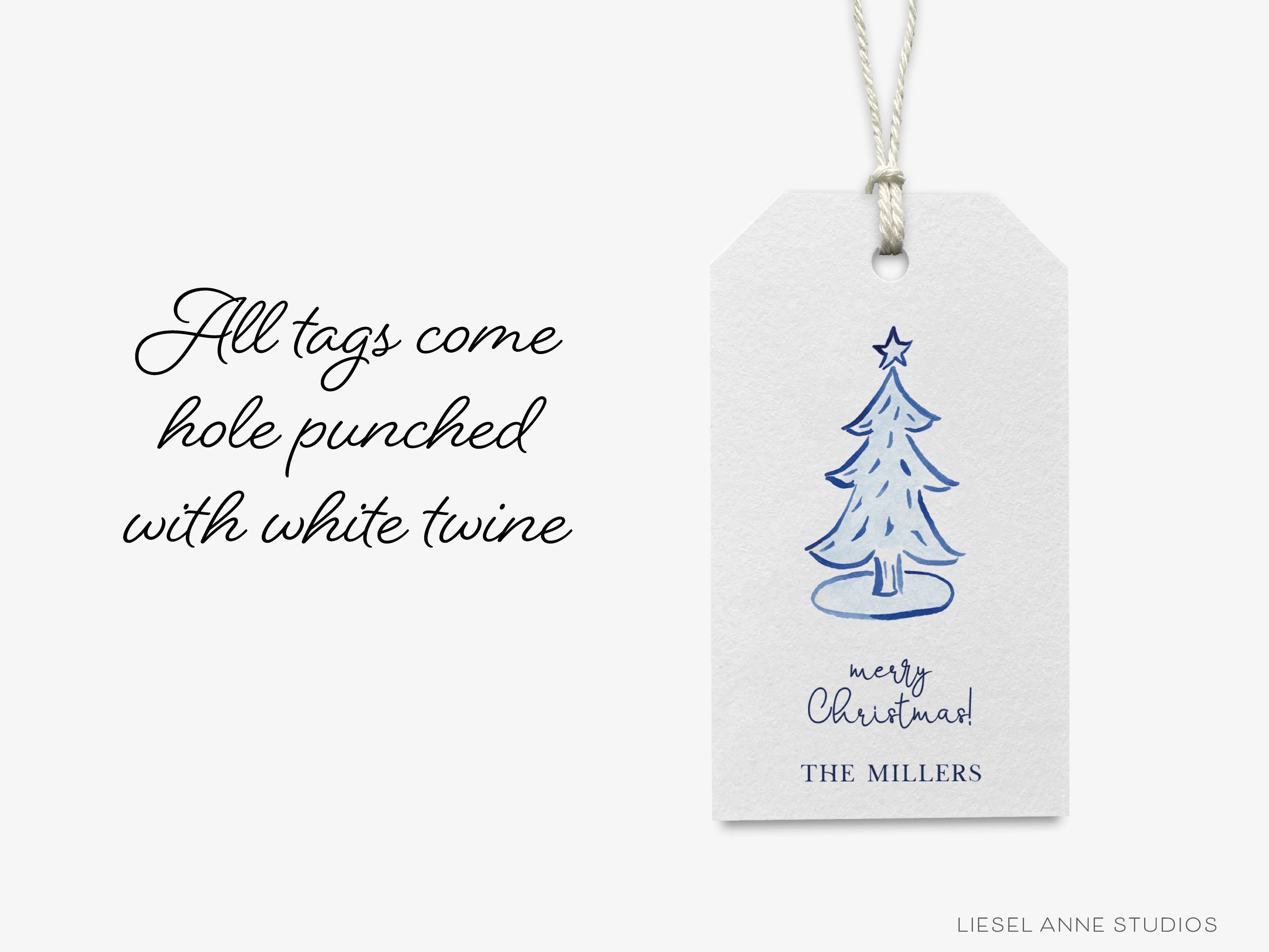 Personalized Blue Christmas Tree Gift Tags-These gift tags come in sets, hole-punched with white twine and feature our hand-painted watercolor Christmas Tree printed in the USA on 120lb textured stock. They make great tags for gifting or gifts for the holiday lover in your life.-The Singing Little Bird