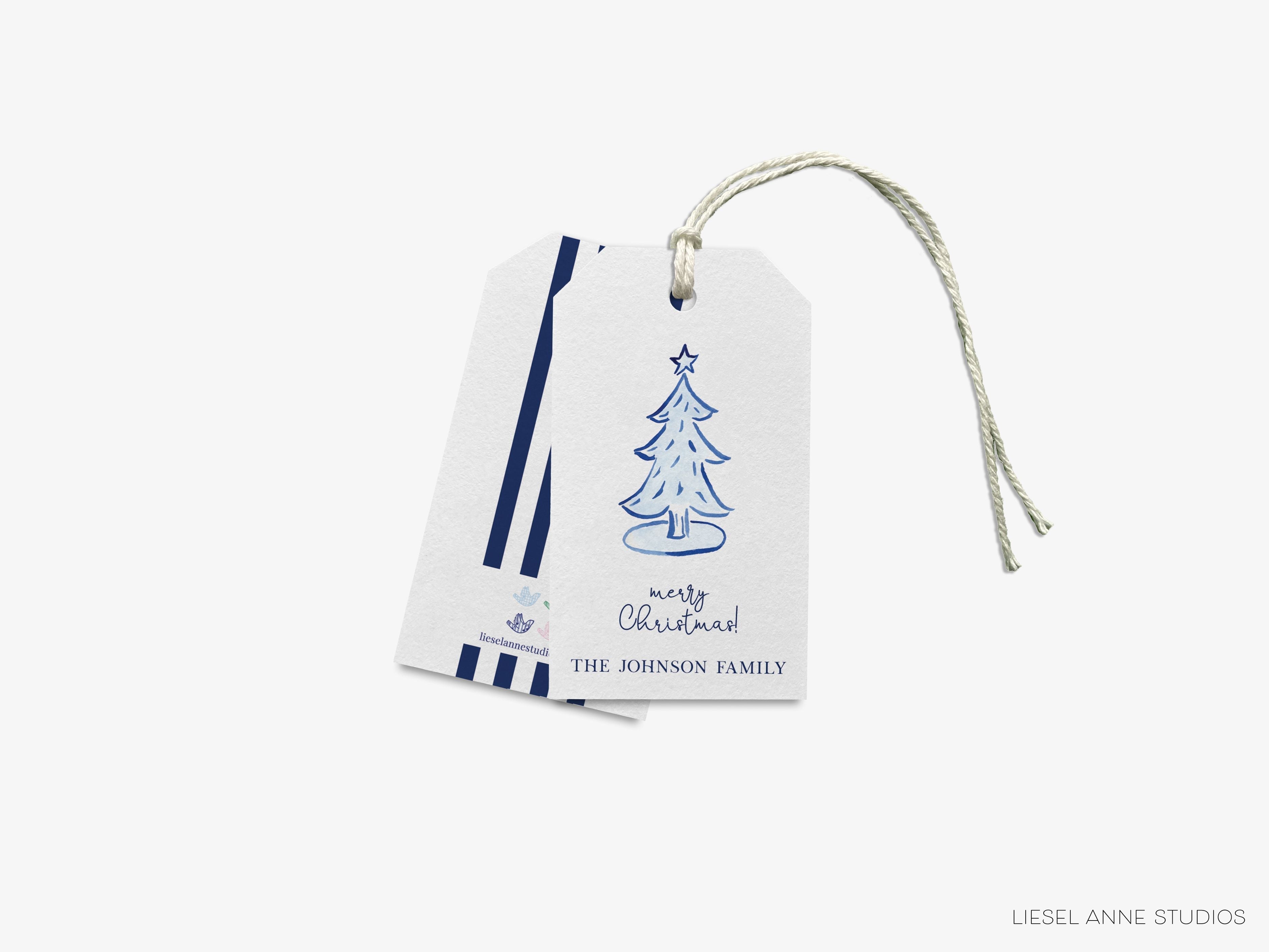 Personalized Blue Christmas Tree Gift Tags-These gift tags come in sets, hole-punched with white twine and feature our hand-painted watercolor Christmas Tree printed in the USA on 120lb textured stock. They make great tags for gifting or gifts for the holiday lover in your life.-The Singing Little Bird