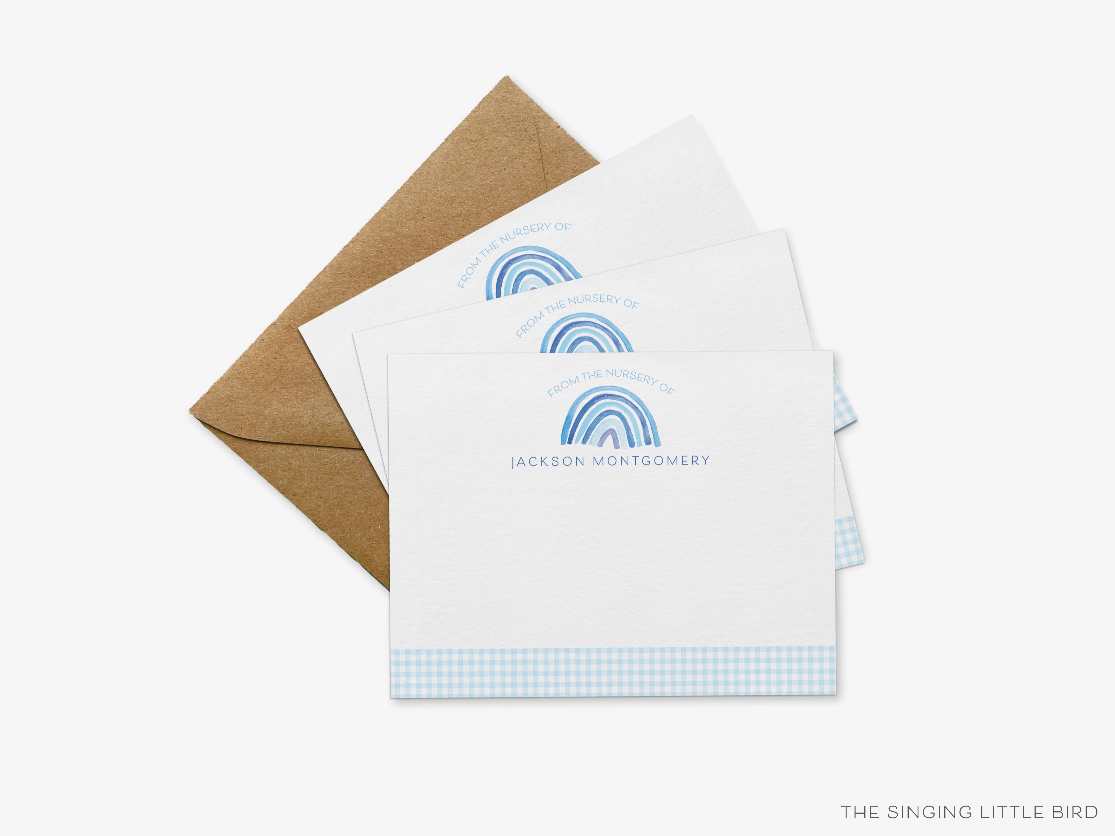 Personalized Blue Nursery Rainbow Flat Notes-These personalized flat notecards are 4.25x5.5 and feature our hand-painted watercolor blue rainbow, printed in the USA on 120lb textured stock. They come with your choice of envelopes and make great thank yous and gifts for the new baby boy in your life.-The Singing Little Bird