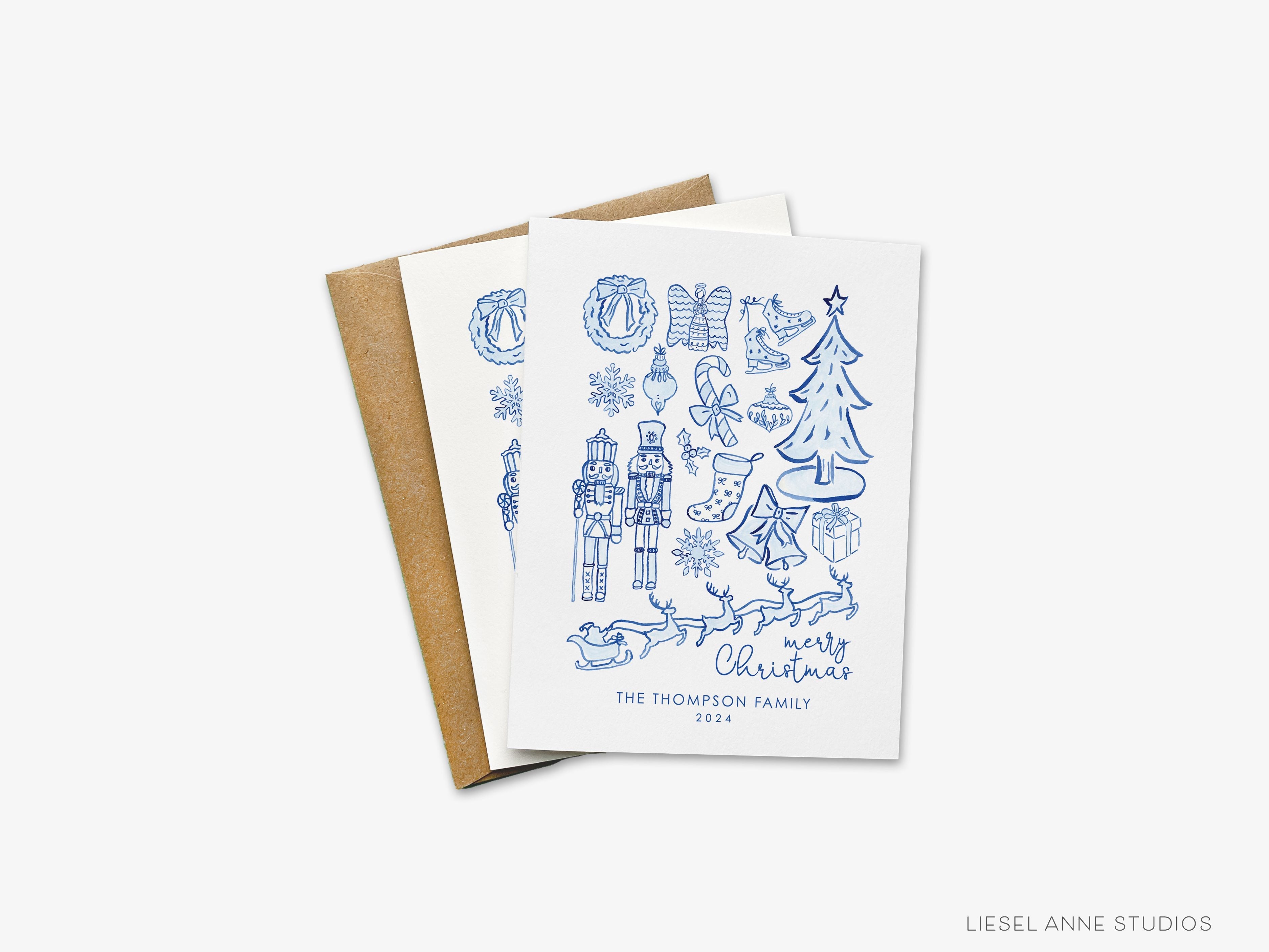 Personalized Blue and White Toile Christmas Cards-These folded greeting cards are 4.25x5.5 and feature our hand-painted Christmas Toile scene, printed in the USA on 100lb textured stock. They come with a White or Kraft envelope and make a great just because card for the Christmas lover in your life.-The Singing Little Bird