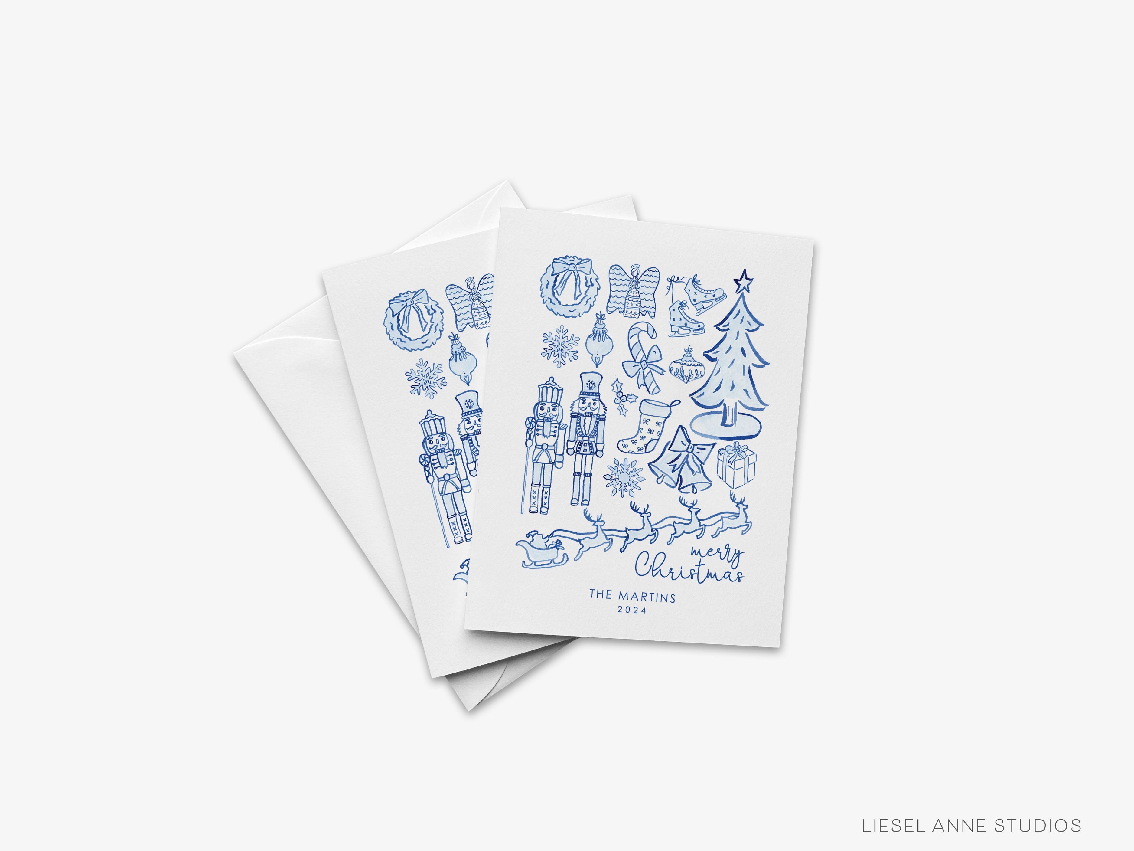 Personalized Blue and White Toile Christmas Cards-These folded greeting cards are 4.25x5.5 and feature our hand-painted Christmas Toile scene, printed in the USA on 100lb textured stock. They come with a White or Kraft envelope and make a great just because card for the Christmas lover in your life.-The Singing Little Bird