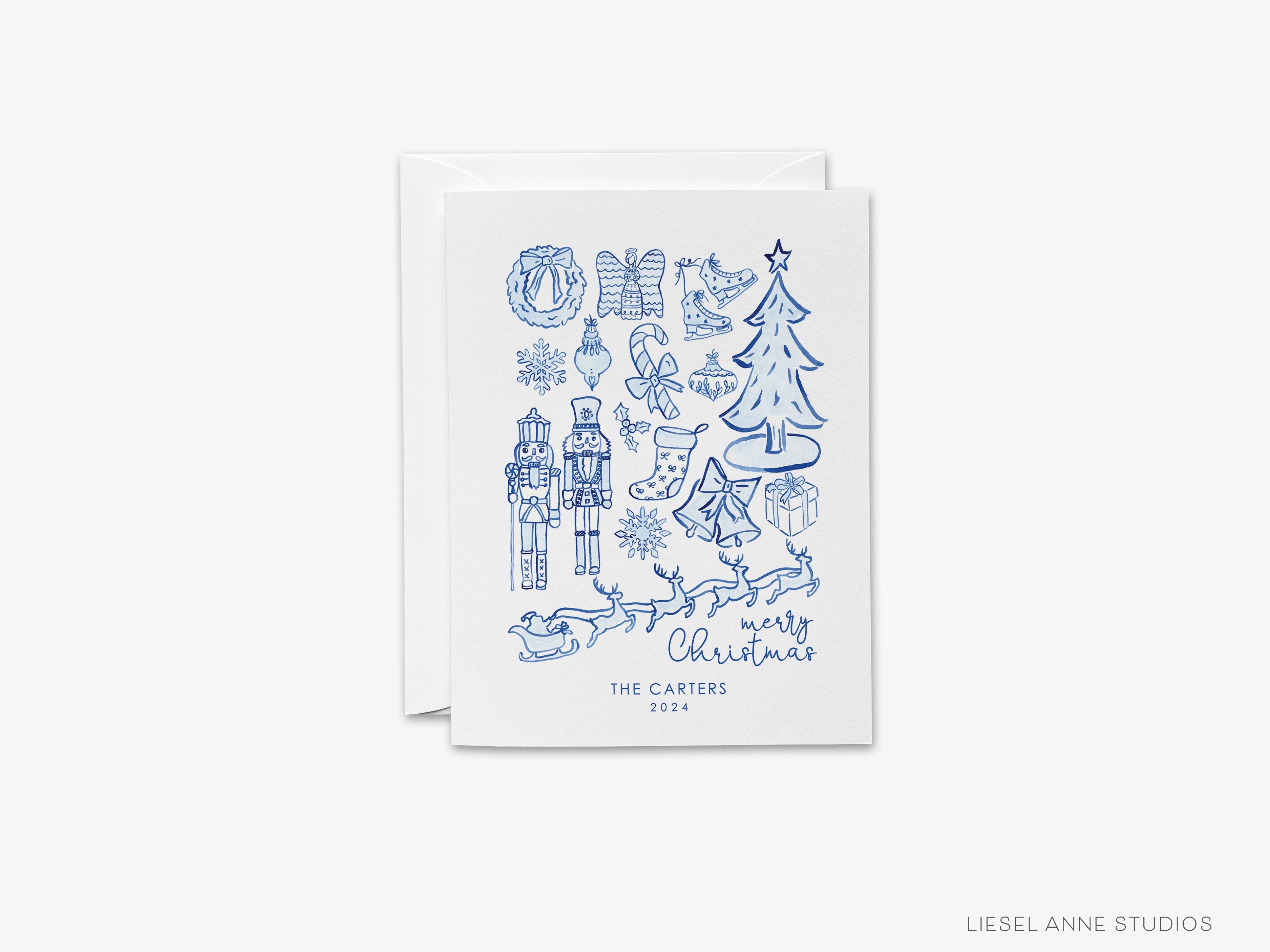 Personalized Blue and White Toile Christmas Cards-These folded greeting cards are 4.25x5.5 and feature our hand-painted Christmas Toile scene, printed in the USA on 100lb textured stock. They come with a White or Kraft envelope and make a great just because card for the Christmas lover in your life.-The Singing Little Bird