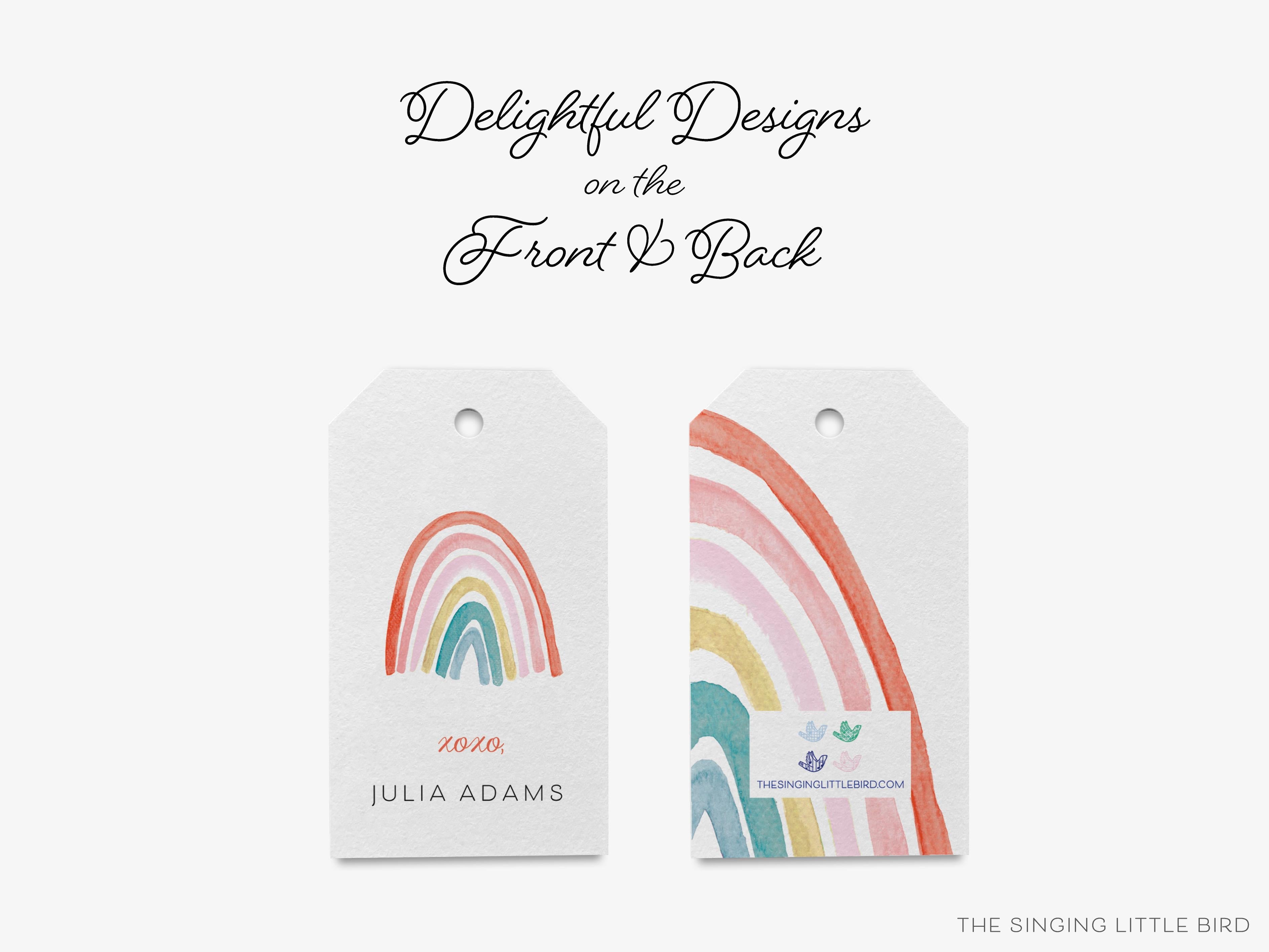Personalized Boho Rainbow Gift Tags-These gift tags come in sets, hole-punched with white twine and feature our hand-painted watercolor boho rainbows, printed in the USA on 120lb textured stock. They make great tags for gifting or gifts for the happy kid in your life.-The Singing Little Bird