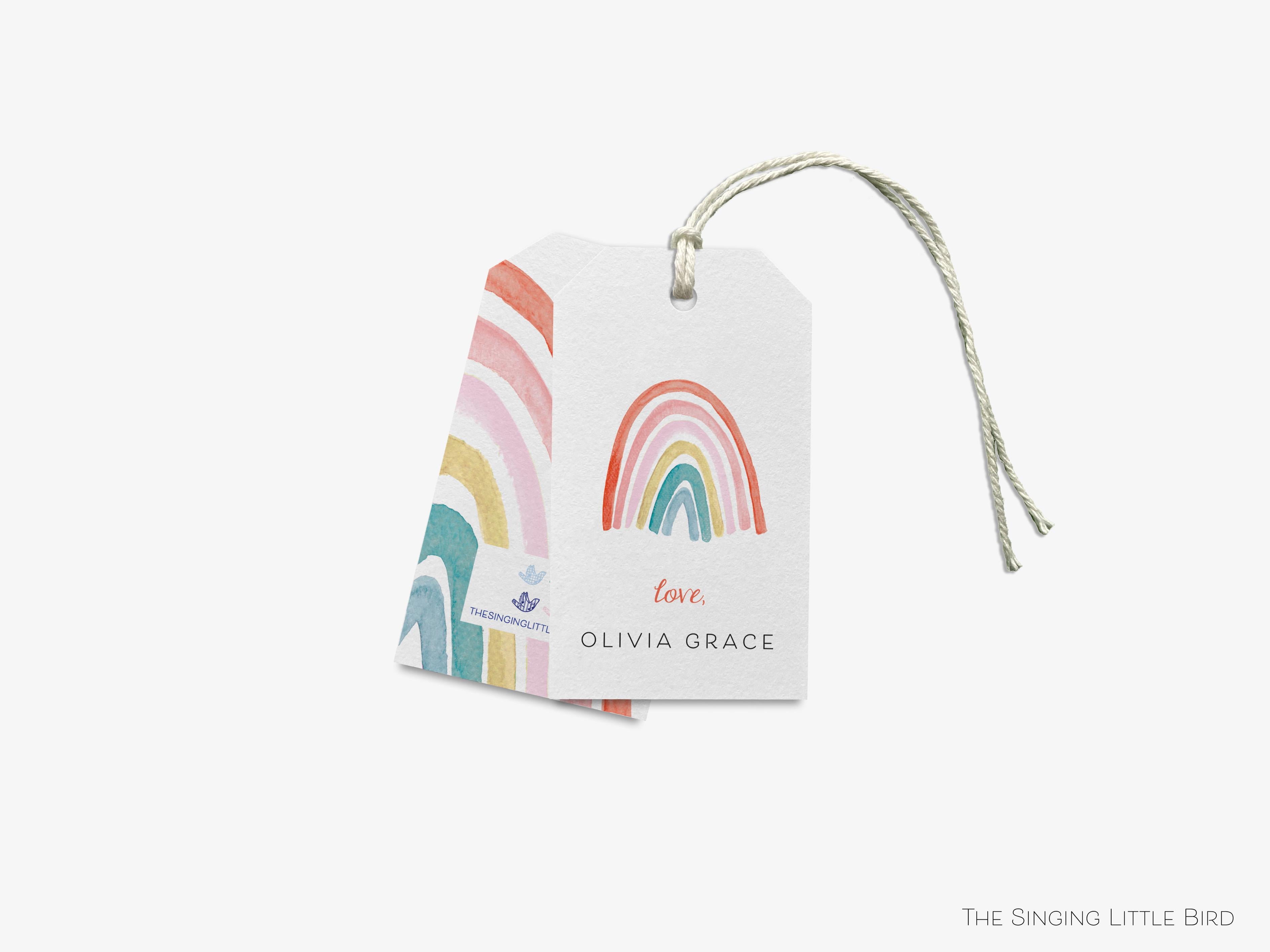 Personalized Boho Rainbow Gift Tags-These gift tags come in sets, hole-punched with white twine and feature our hand-painted watercolor boho rainbows, printed in the USA on 120lb textured stock. They make great tags for gifting or gifts for the happy kid in your life.-The Singing Little Bird