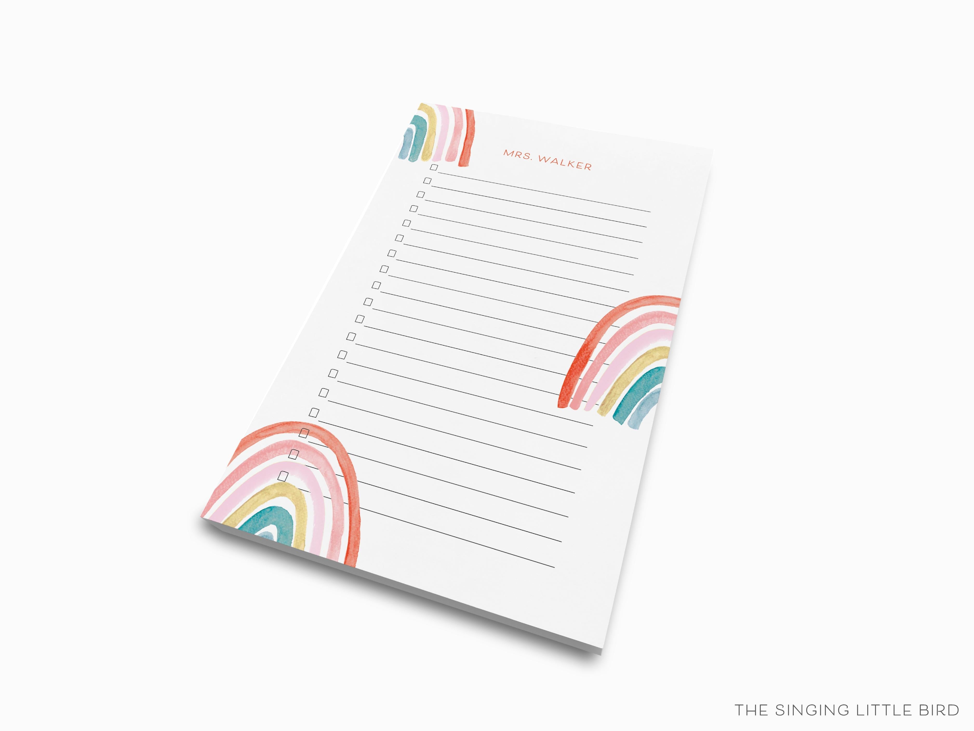 Personalized Boho Rainbow Notepad-These personalized notepads feature our hand-painted watercolor boho rainbow, printed in the USA on a beautiful smooth stock. You choose which size you want (or bundled together for a beautiful gift set) and makes a great gift for the checklist and boho lover in your life.-The Singing Little Bird