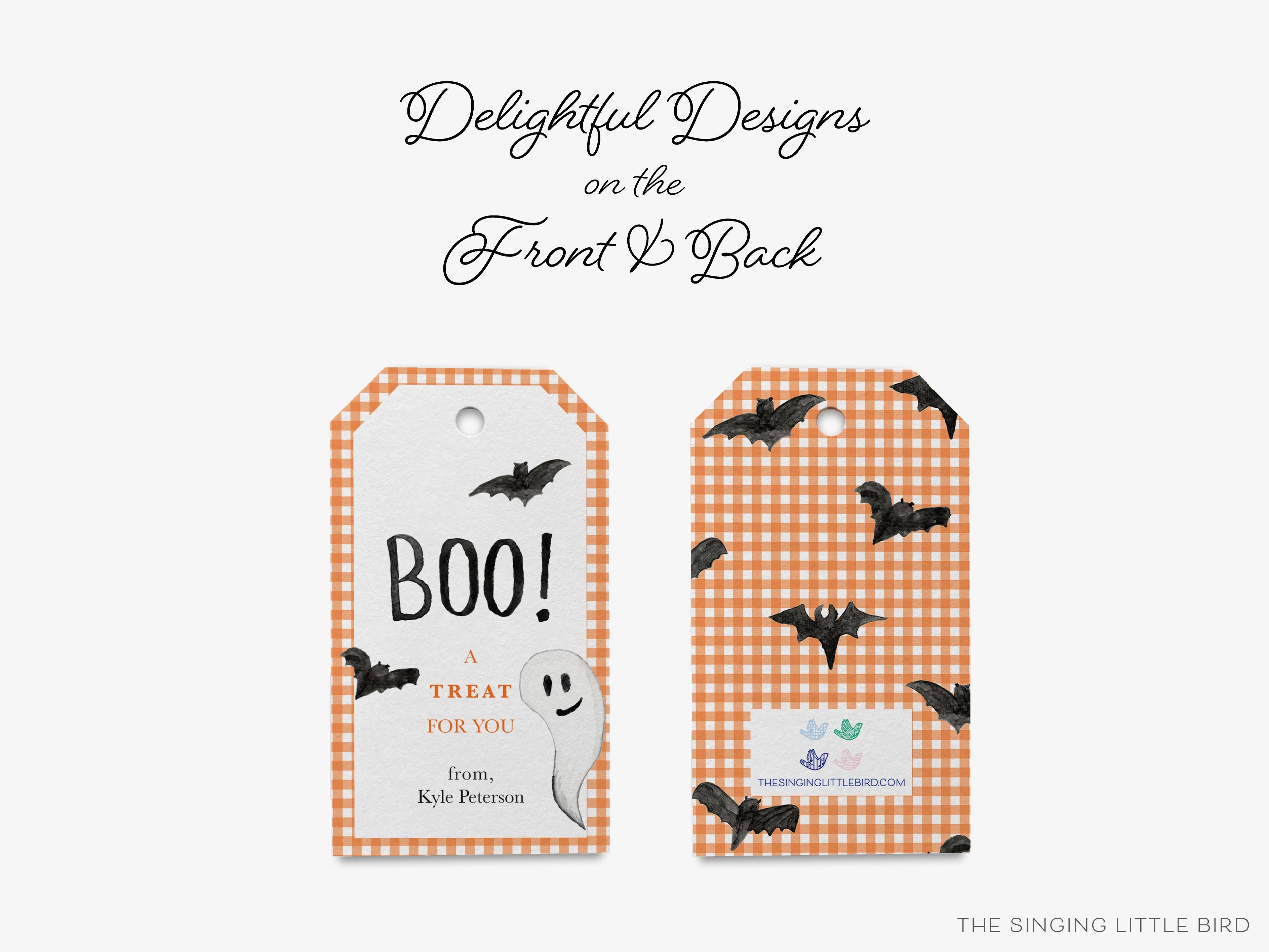 Personalized Boo Halloween Gift Tags-These gift tags come in sets, hole-punched with white twine and feature our hand-painted watercolor bats and ghost, printed in the USA on 120lb textured stock. They make great tags for gifting or gifts for the Halloween lover in your life.-The Singing Little Bird