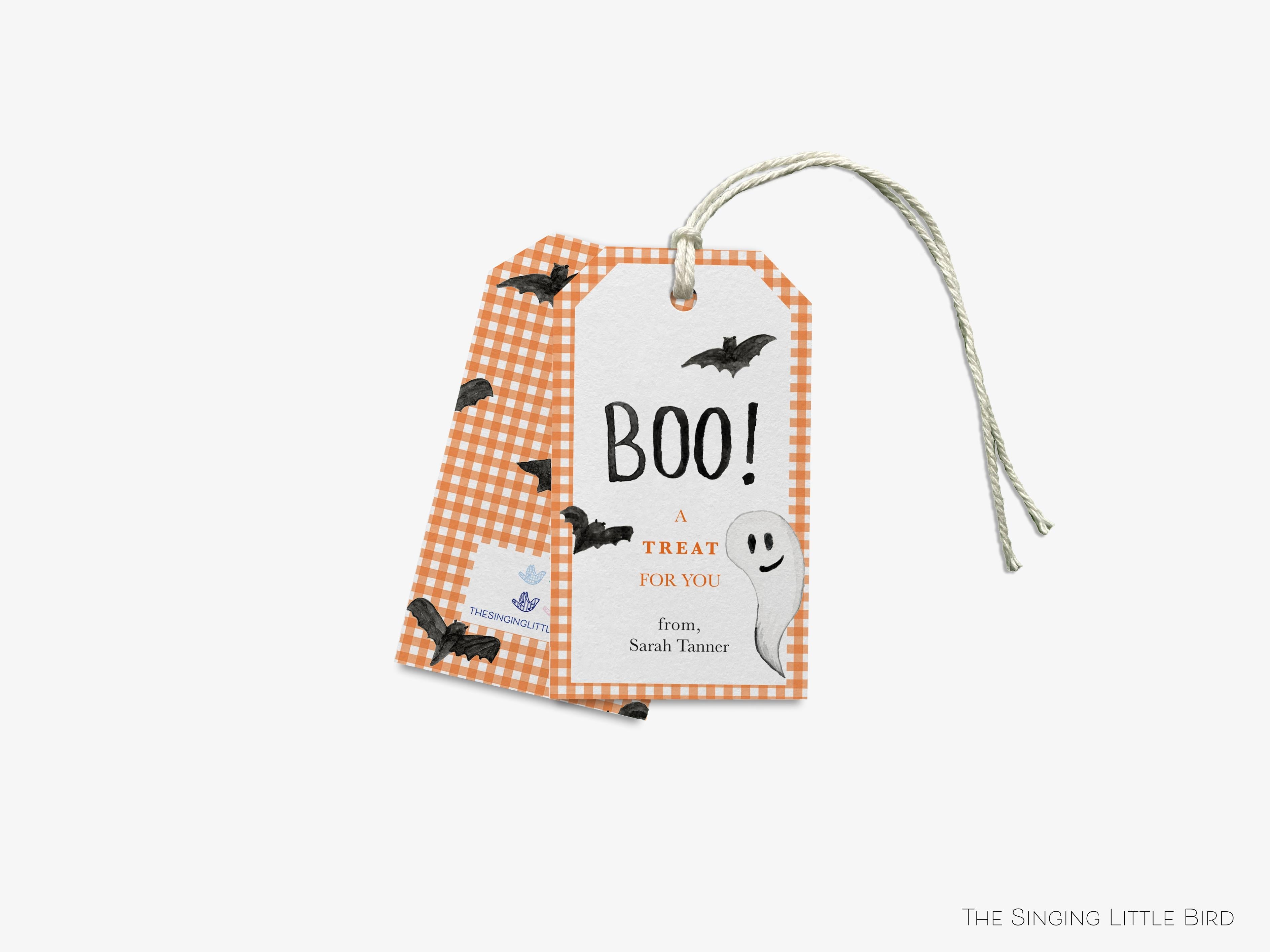 Personalized Boo Halloween Gift Tags-These gift tags come in sets, hole-punched with white twine and feature our hand-painted watercolor bats and ghost, printed in the USA on 120lb textured stock. They make great tags for gifting or gifts for the Halloween lover in your life.-The Singing Little Bird
