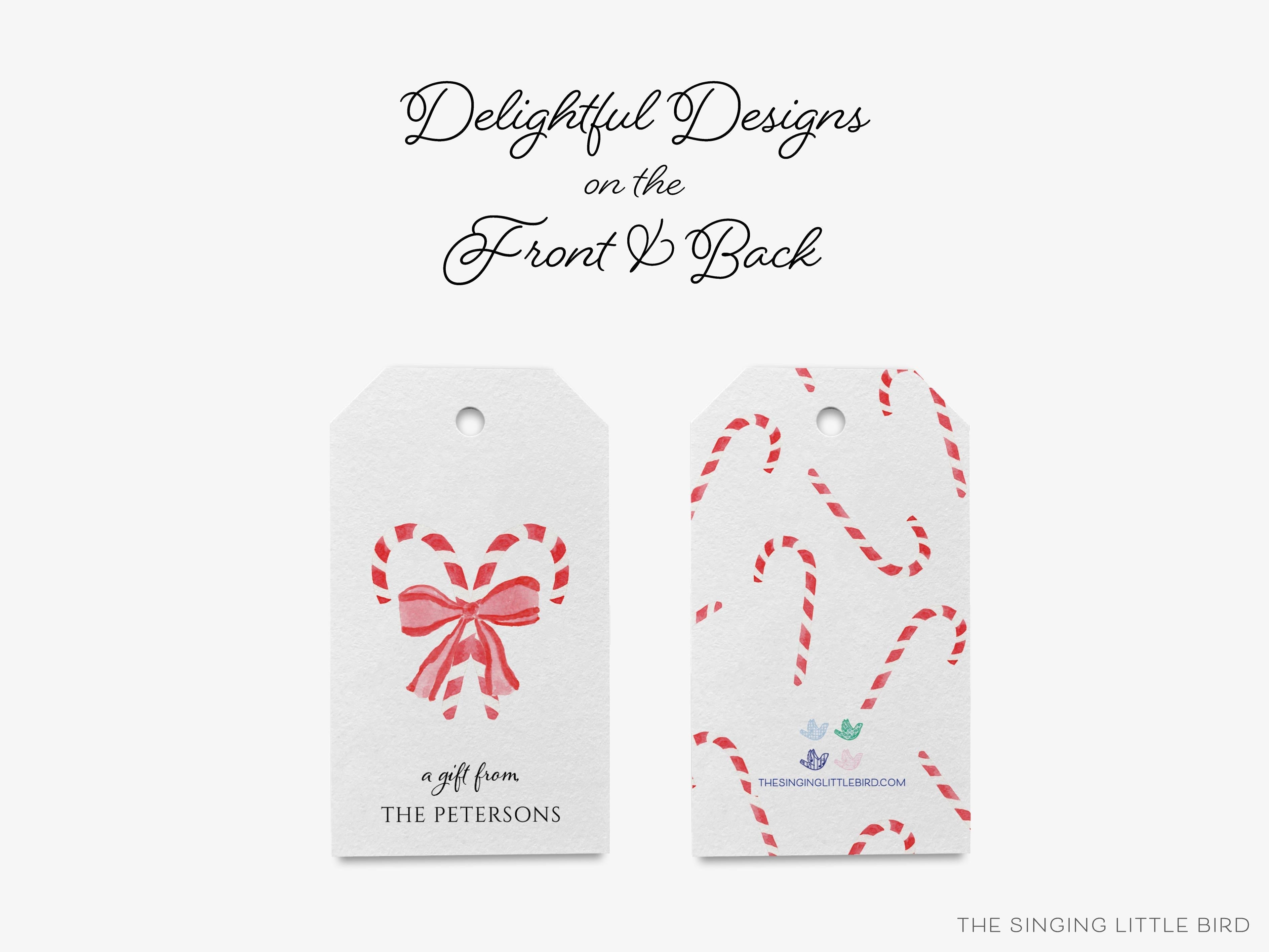 Personalized Candy Cane Christmas Gift Tags-These gift tags come in sets, hole-punched with white twine and feature our hand-painted watercolor candy canes and red bow, printed in the USA on 120lb textured stock. They make great tags for gifting or gifts for the holiday sweet tooth lover in your life.-The Singing Little Bird