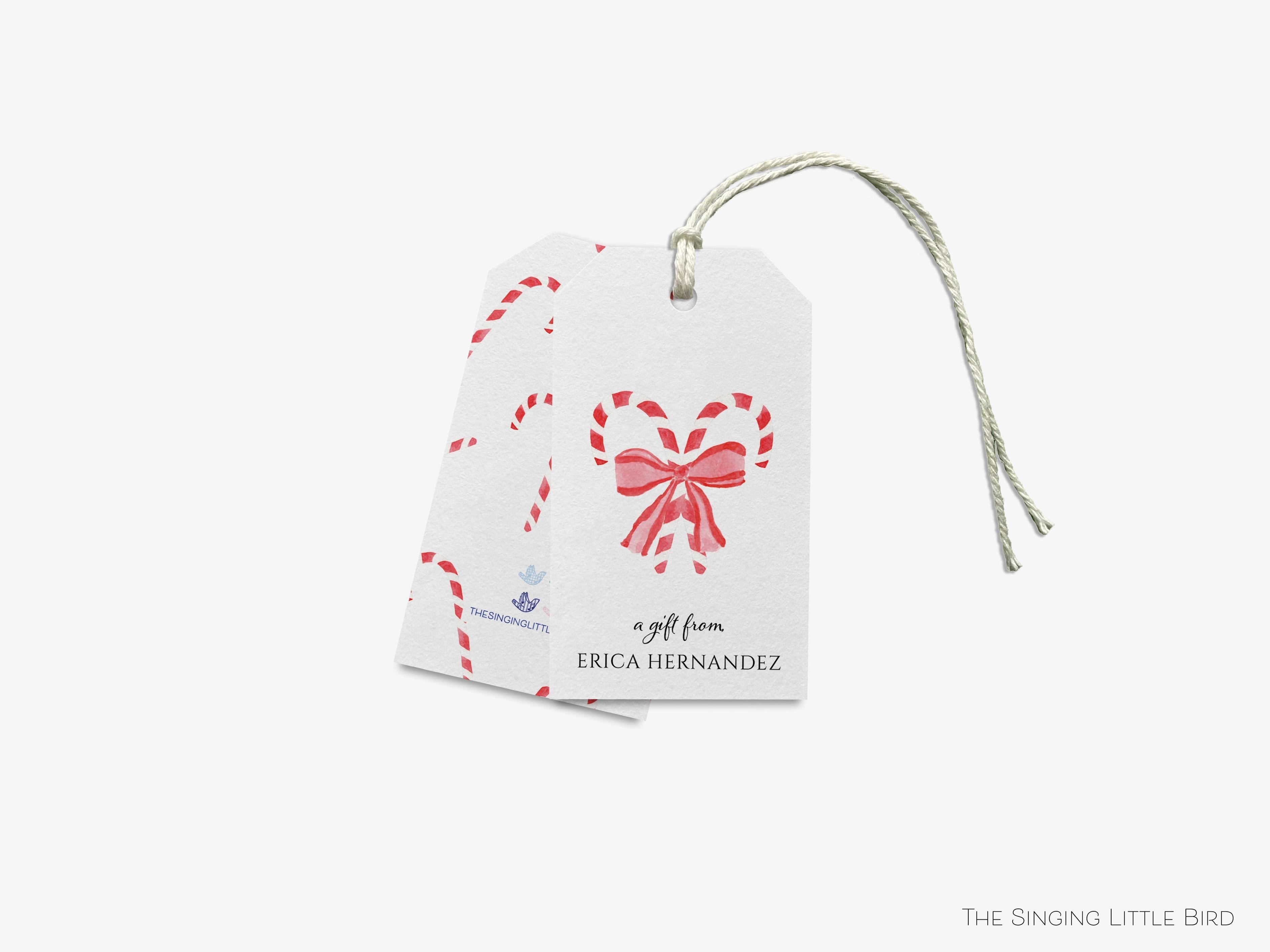 Personalized Candy Cane Christmas Gift Tags-These gift tags come in sets, hole-punched with white twine and feature our hand-painted watercolor candy canes and red bow, printed in the USA on 120lb textured stock. They make great tags for gifting or gifts for the holiday sweet tooth lover in your life.-The Singing Little Bird