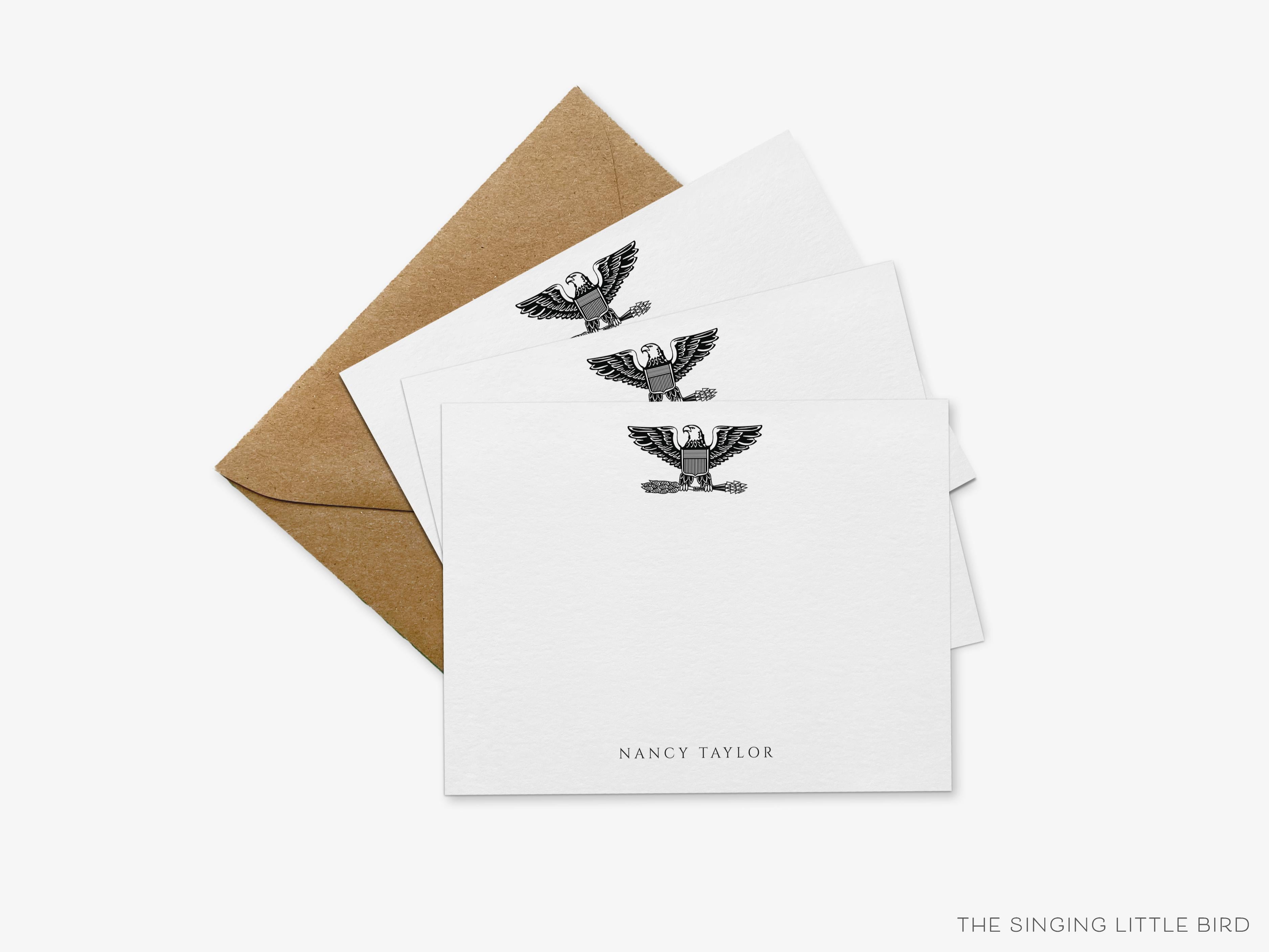 Personalized Captain Colonel Military Flat Notes-These personalized flat notecards are 4.25x5.5 and feature the Eagle Military Emblem, printed in the USA on 120lb textured stock. They come with your choice of envelopes and make great thank yous and gifts for the military person in your life.-The Singing Little Bird