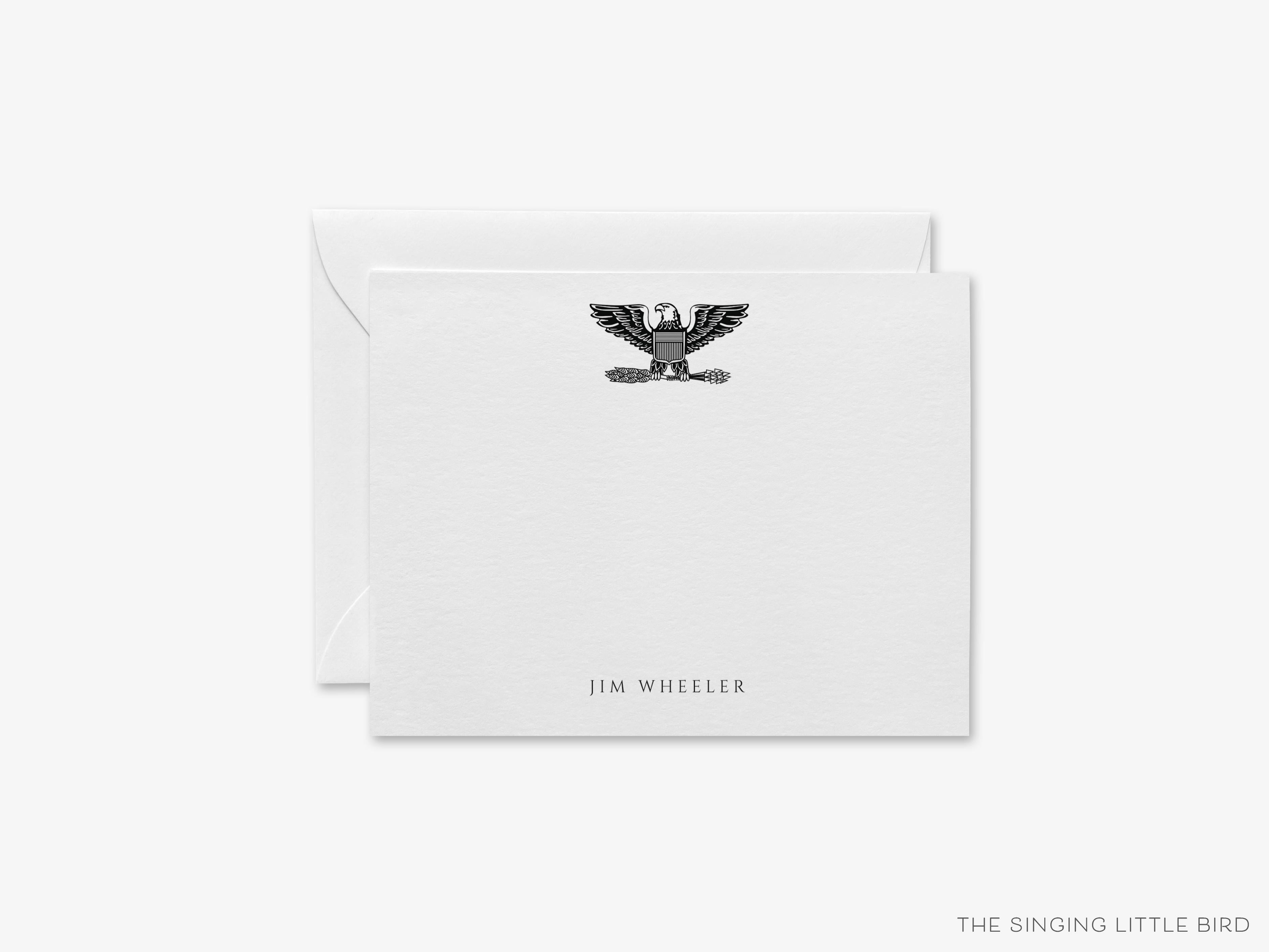 Personalized Captain Colonel Military Flat Notes-These personalized flat notecards are 4.25x5.5 and feature the Eagle Military Emblem, printed in the USA on 120lb textured stock. They come with your choice of envelopes and make great thank yous and gifts for the military person in your life.-The Singing Little Bird