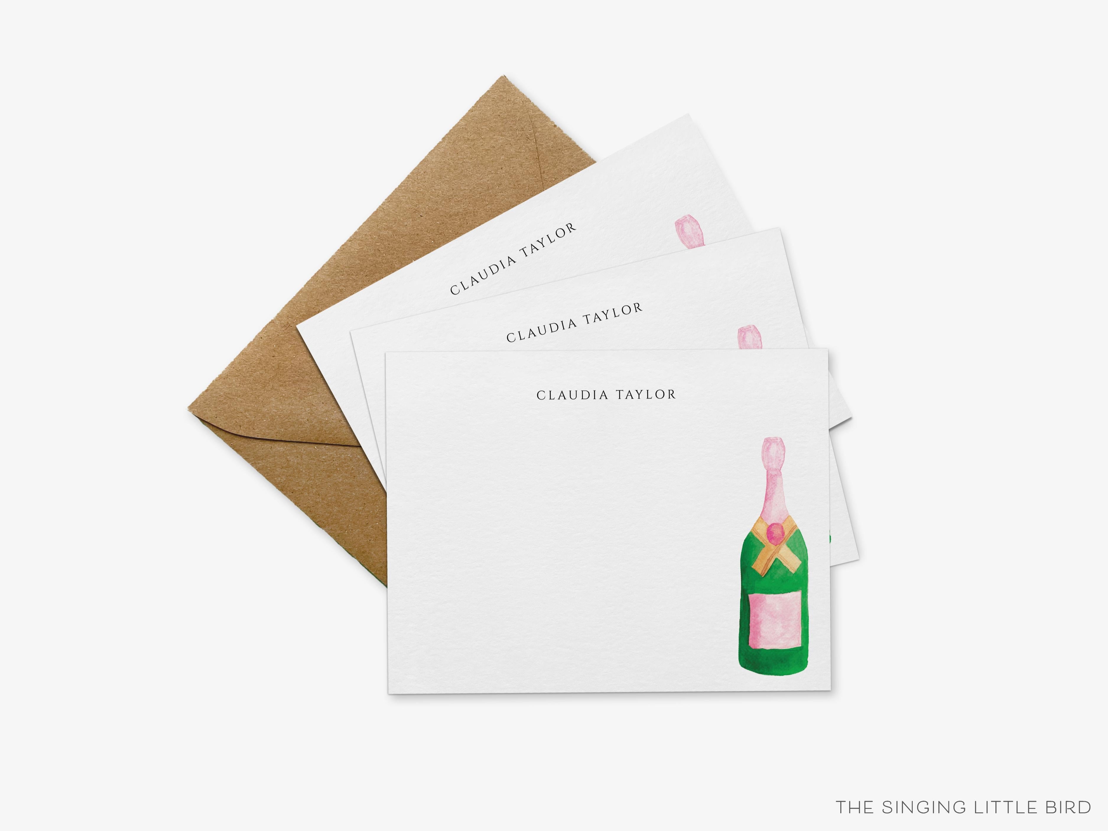 Personalized Champagne Bottle Flat Notes-These personalized flat notecards are 4.25x5.5 and feature our hand-painted watercolor champagne bottle, printed in the USA on 120lb textured stock. They come with your choice of envelopes and make great thank yous and gifts for the bubbly lover in your life.-The Singing Little Bird