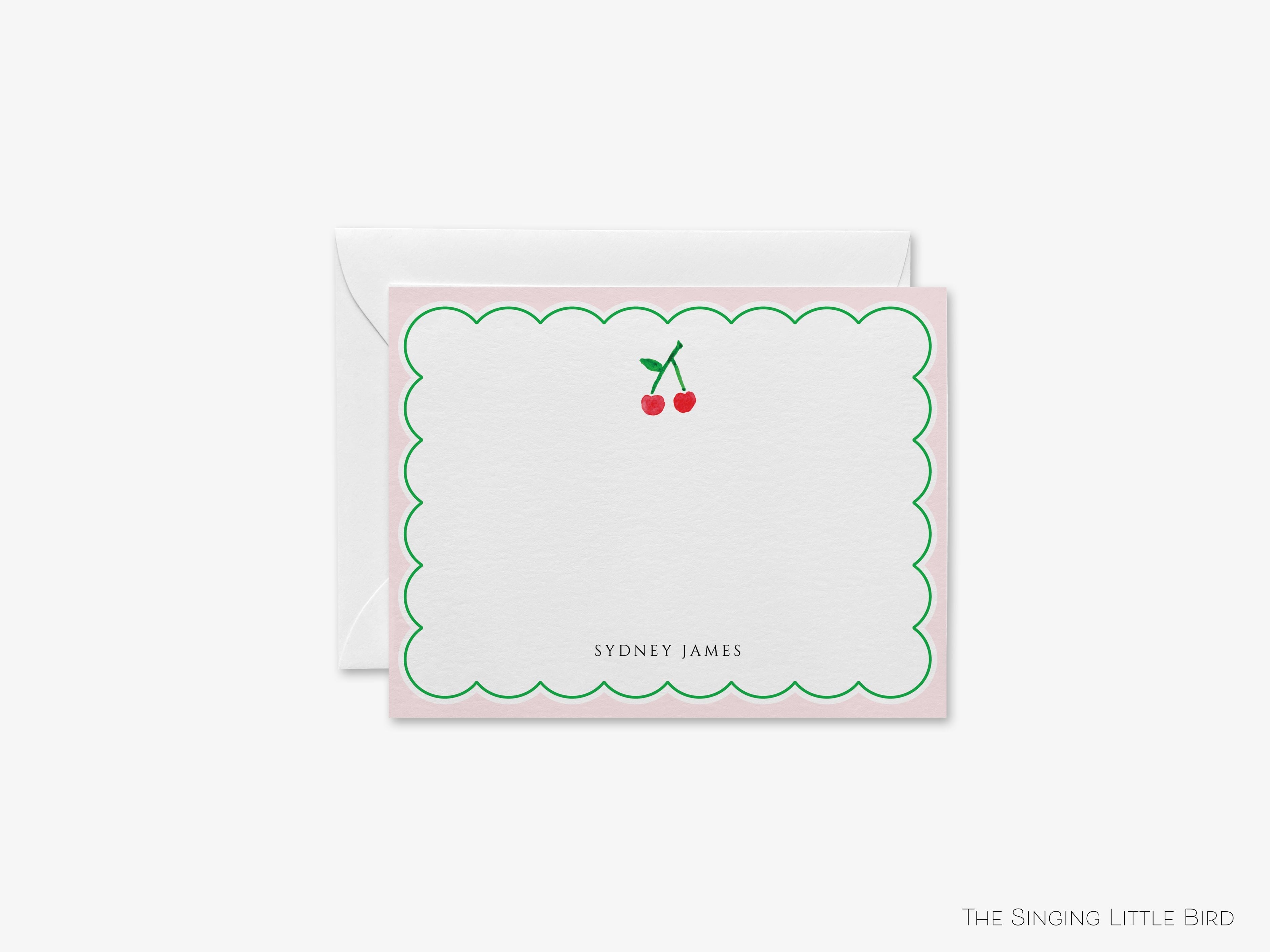 Personalized Cherry Flat Notes-These personalized flat notecards are 4.25x5.5 and feature our hand-painted watercolor Cherries , printed in the USA on 120lb textured stock. They come with your choice of envelopes and make great thank yous and gifts for the fruit lover in your life.-The Singing Little Bird