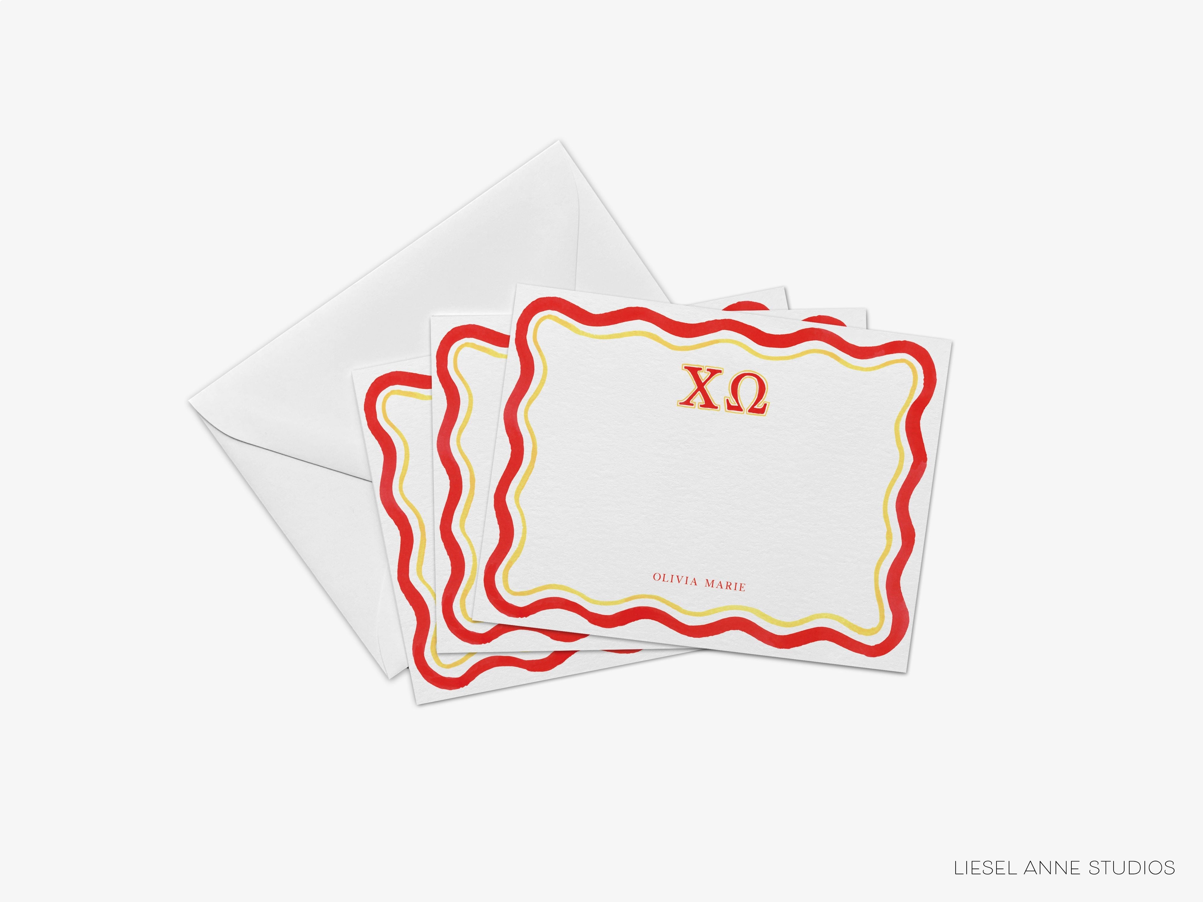 Personalized Chi Omega Flat Notes-These personalized flat notecards are 4.25x5.5 and feature our hand-painted watercolor Chi Omega Greek letters, printed in the USA on 120lb textured stock. They come with your choice of envelopes and make great thank yous and gifts for the Chi Omega sorority sister in your life.-The Singing Little Bird