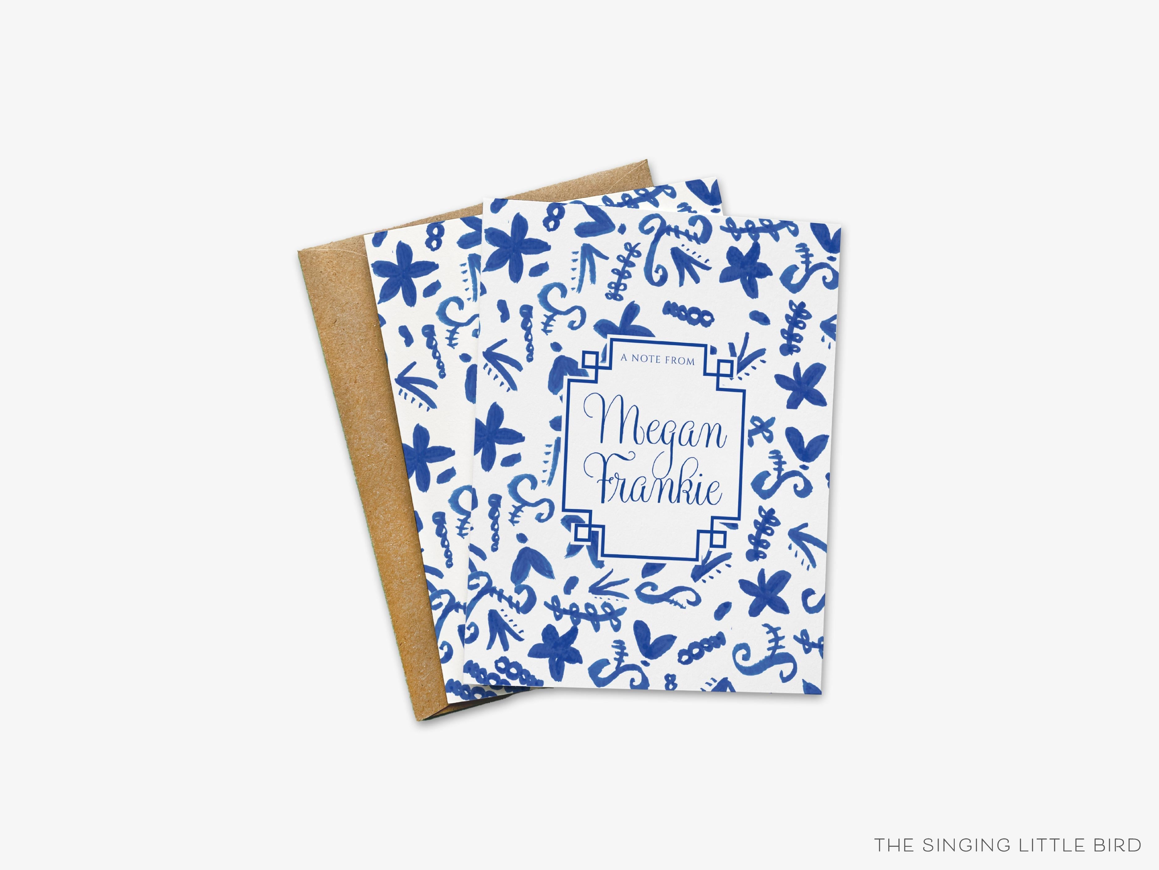 Personalized Chinoiserie Greeting Cards-These folded greeting cards are 4.25x5.5 and feature our hand-painted blue and white floral pattern, printed in the USA on 100lb textured stock. They come with a White or Kraft envelope and make a great just because card for the chinoiserie lover in your life.-The Singing Little Bird