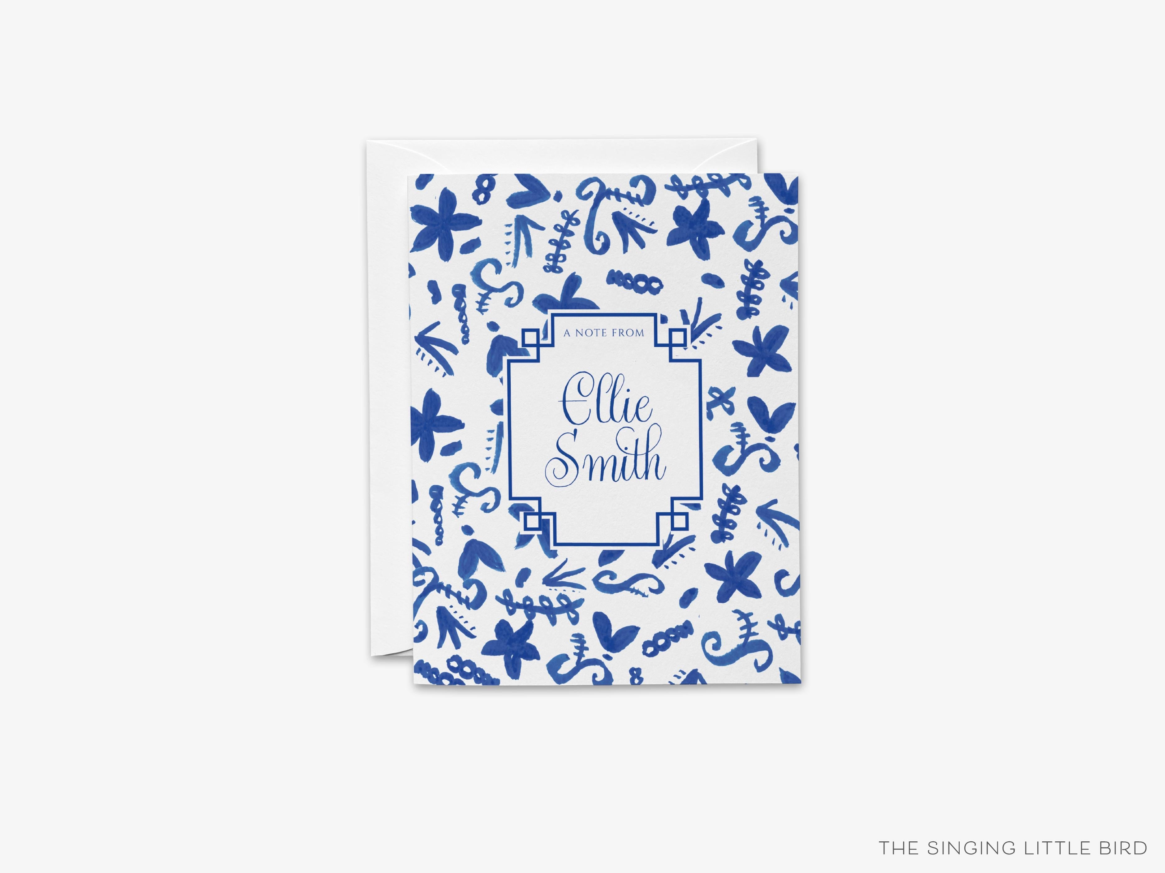 Personalized Chinoiserie Greeting Cards-These folded greeting cards are 4.25x5.5 and feature our hand-painted blue and white floral pattern, printed in the USA on 100lb textured stock. They come with a White or Kraft envelope and make a great just because card for the chinoiserie lover in your life.-The Singing Little Bird