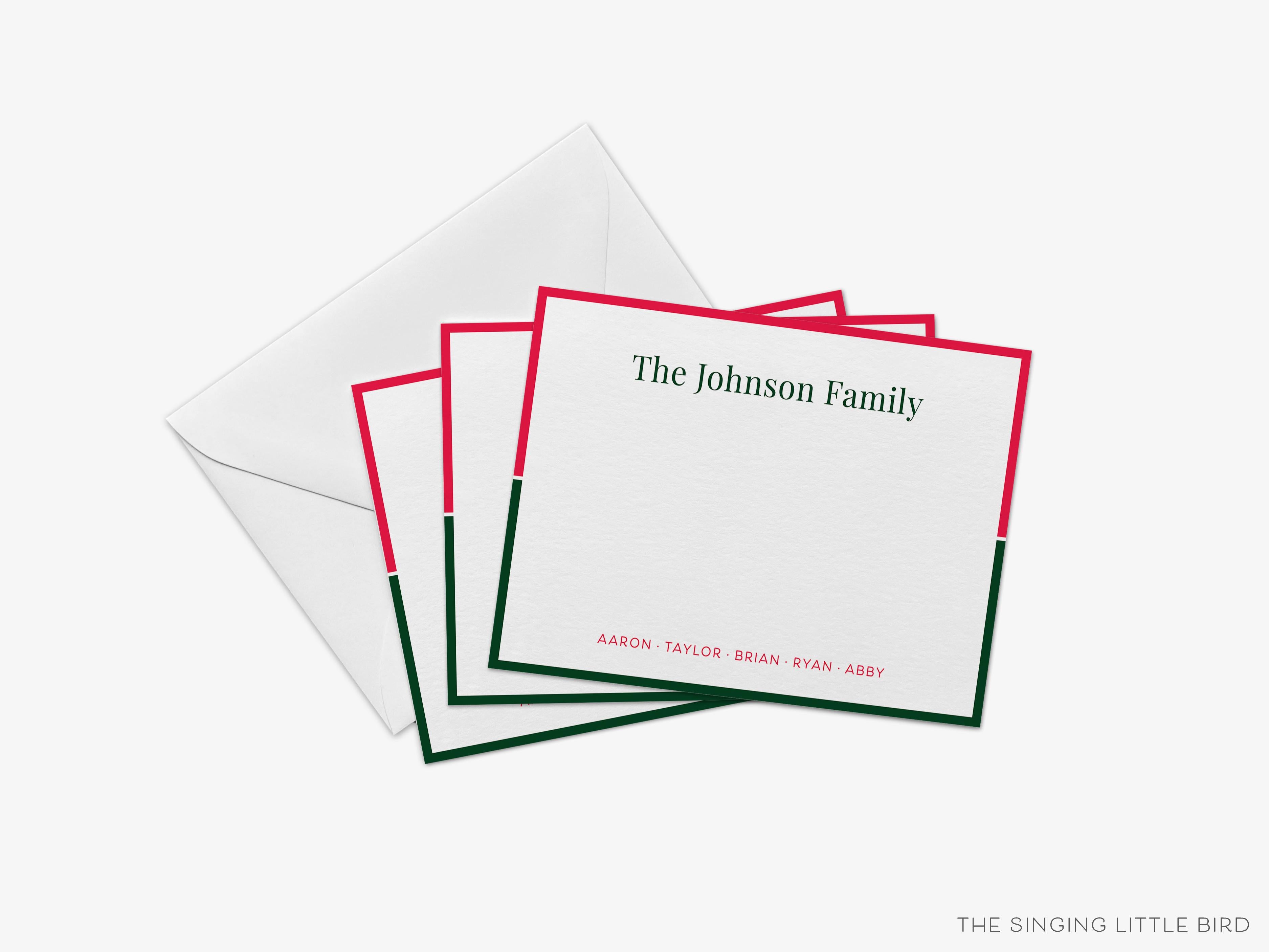 Personalized Christmas Color Block Family Flat Notes-These personalized flat notecards are 4.25x5.5 and feature our hand-painted watercolor red and green print, printed in the USA on 120lb textured stock. They come with your choice of envelopes and make great thank yous and gifts for the holiday lover in your life.-The Singing Little Bird