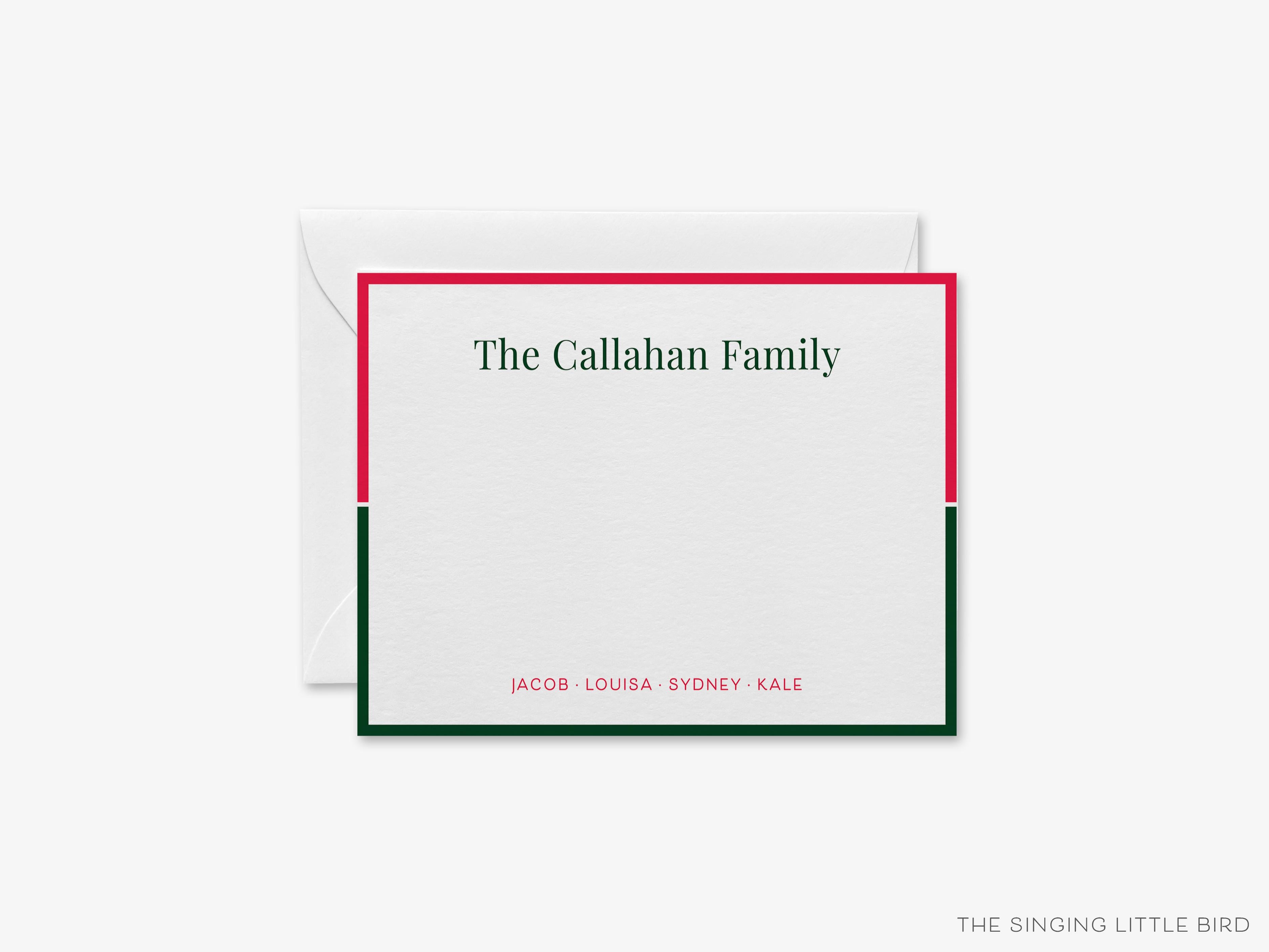 Personalized Christmas Color Block Family Flat Notes-These personalized flat notecards are 4.25x5.5 and feature our hand-painted watercolor red and green print, printed in the USA on 120lb textured stock. They come with your choice of envelopes and make great thank yous and gifts for the holiday lover in your life.-The Singing Little Bird