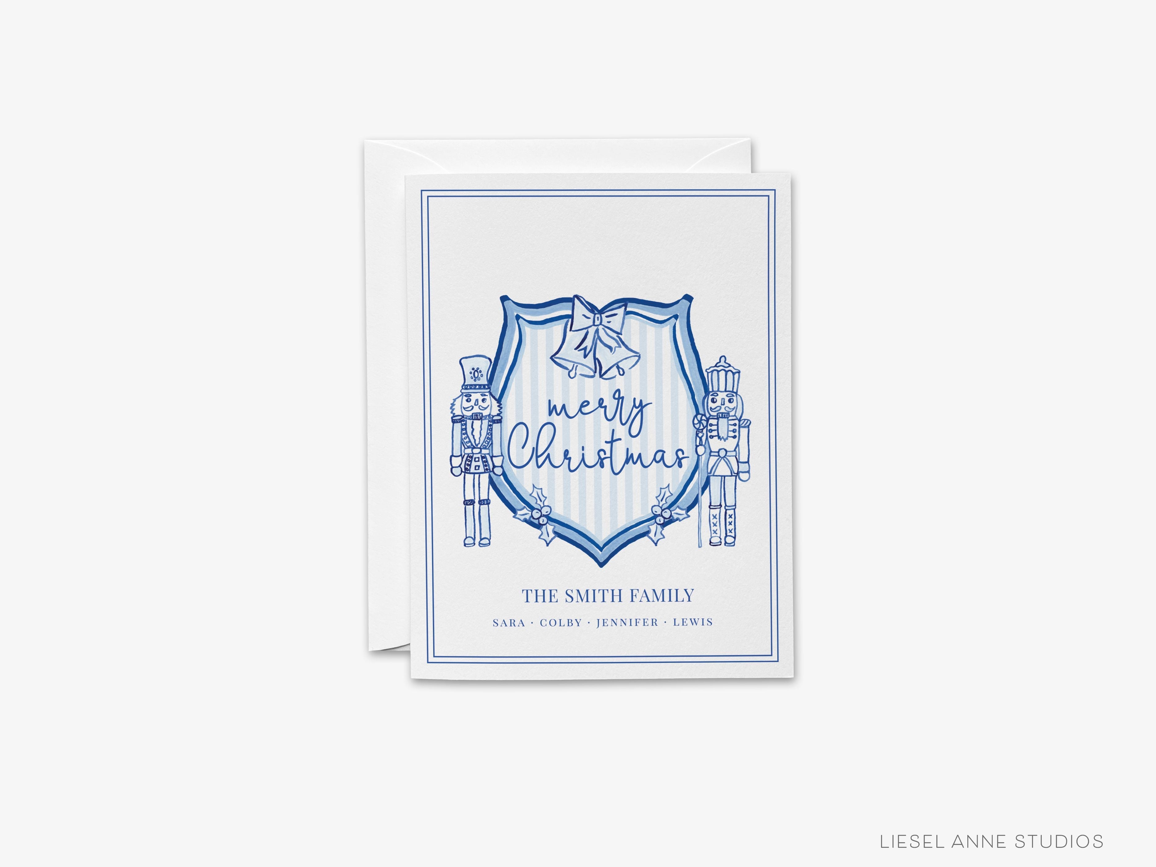 Personalized Christmas Crest Blue and White Cards-These folded greeting cards are 4.25x5.5 and feature our hand-painted Nutcracker Crest, printed in the USA on 100lb textured stock. They come with a White or Kraft envelope and make a great just because card for the Christmas lover in your life.-The Singing Little Bird