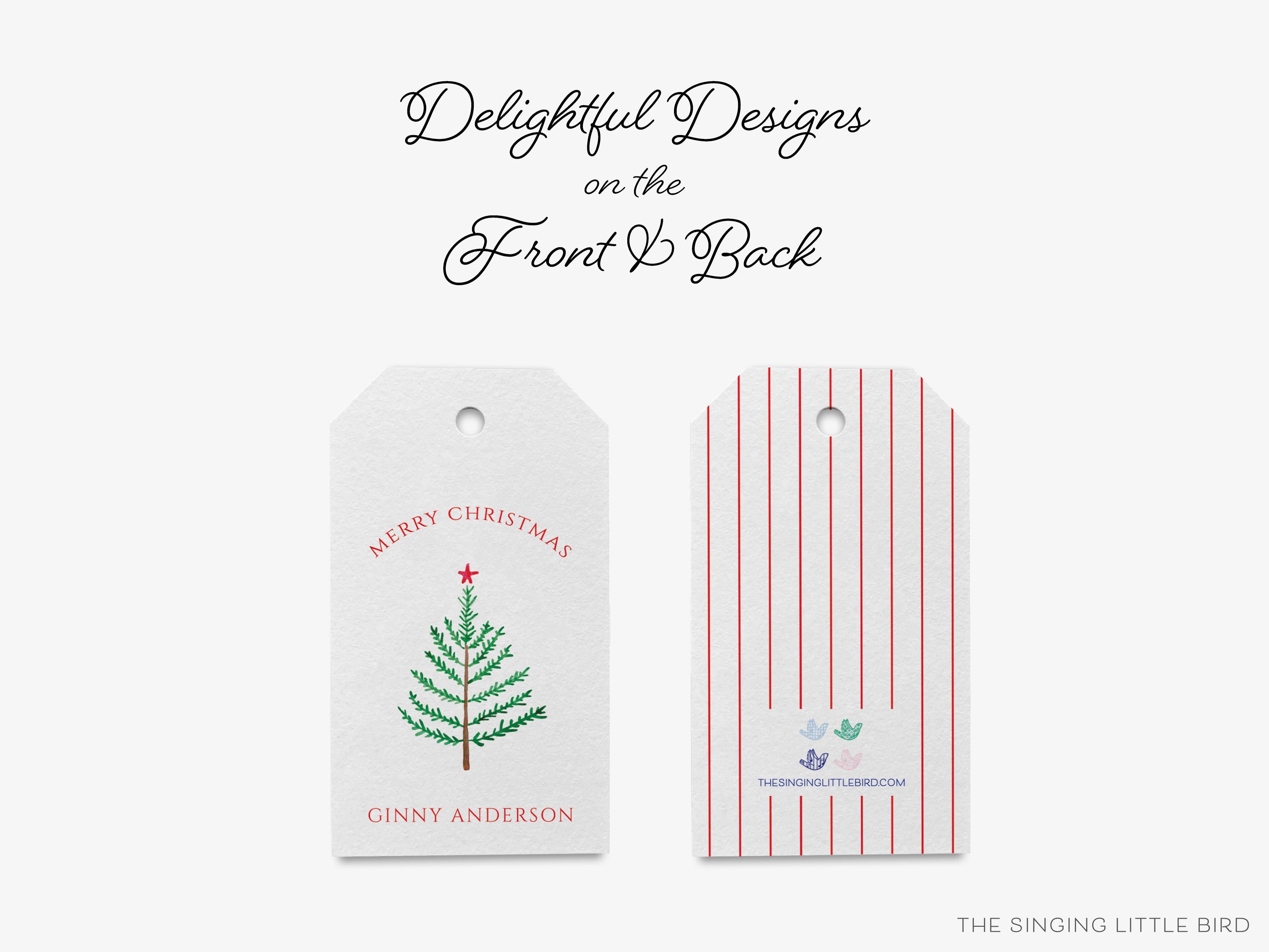 Personalized Christmas Evergreen Branch Gift Tags-These gift tags come in sets, hole-punched with white twine and feature our hand-painted watercolor evergreen branch, printed in the USA on 120lb textured stock. They make great tags for gifting or gifts for the holiday lover in your life.-The Singing Little Bird
