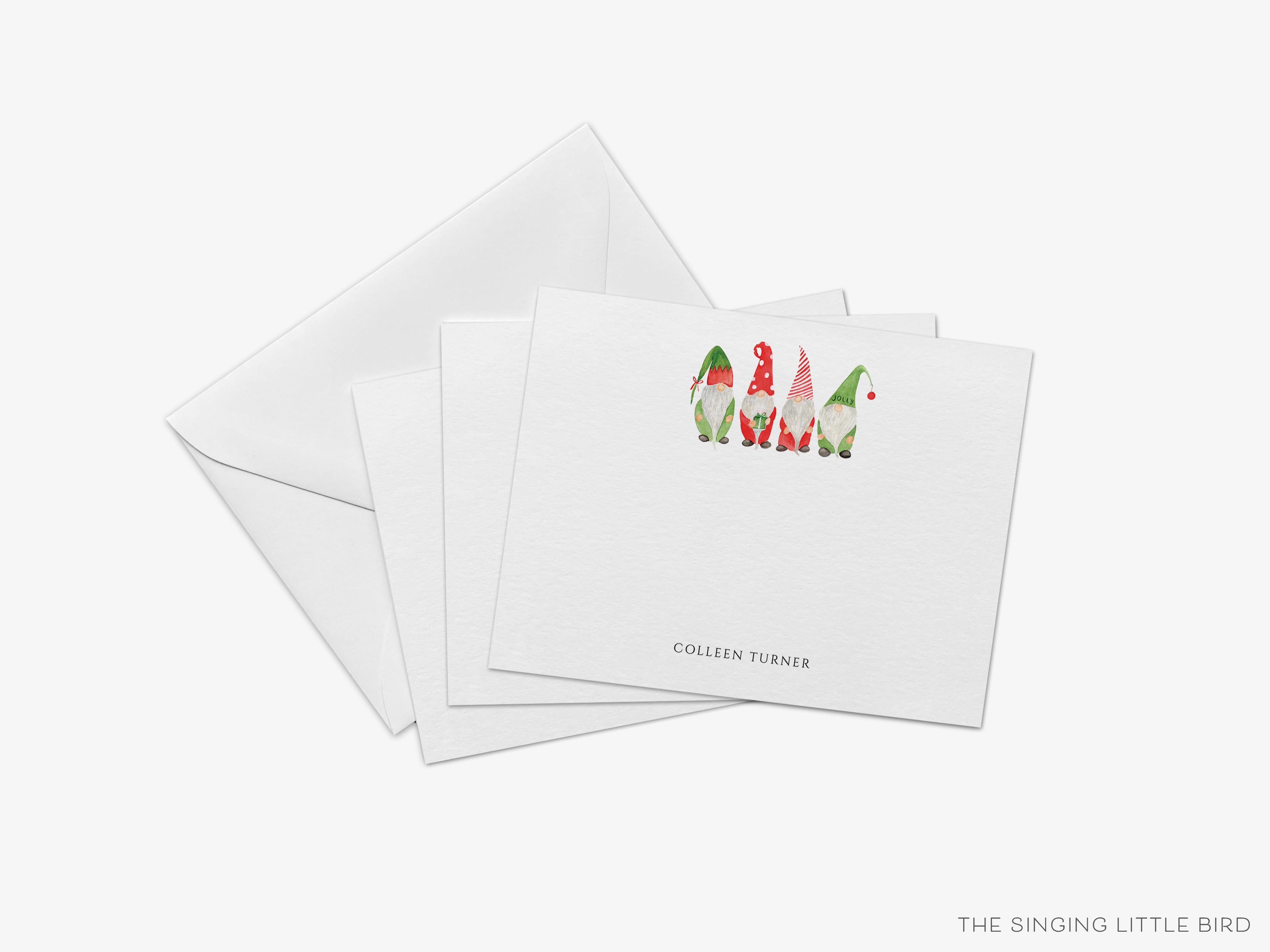 Personalized Christmas Gnome Flat Notes-These personalized flat notecards are 4.25x5.5 and feature our hand-painted watercolor Gnomes, printed in the USA on 120lb textured stock. They come with your choice of envelopes and make great thank yous and gifts for the gnome lover in your life.-The Singing Little Bird